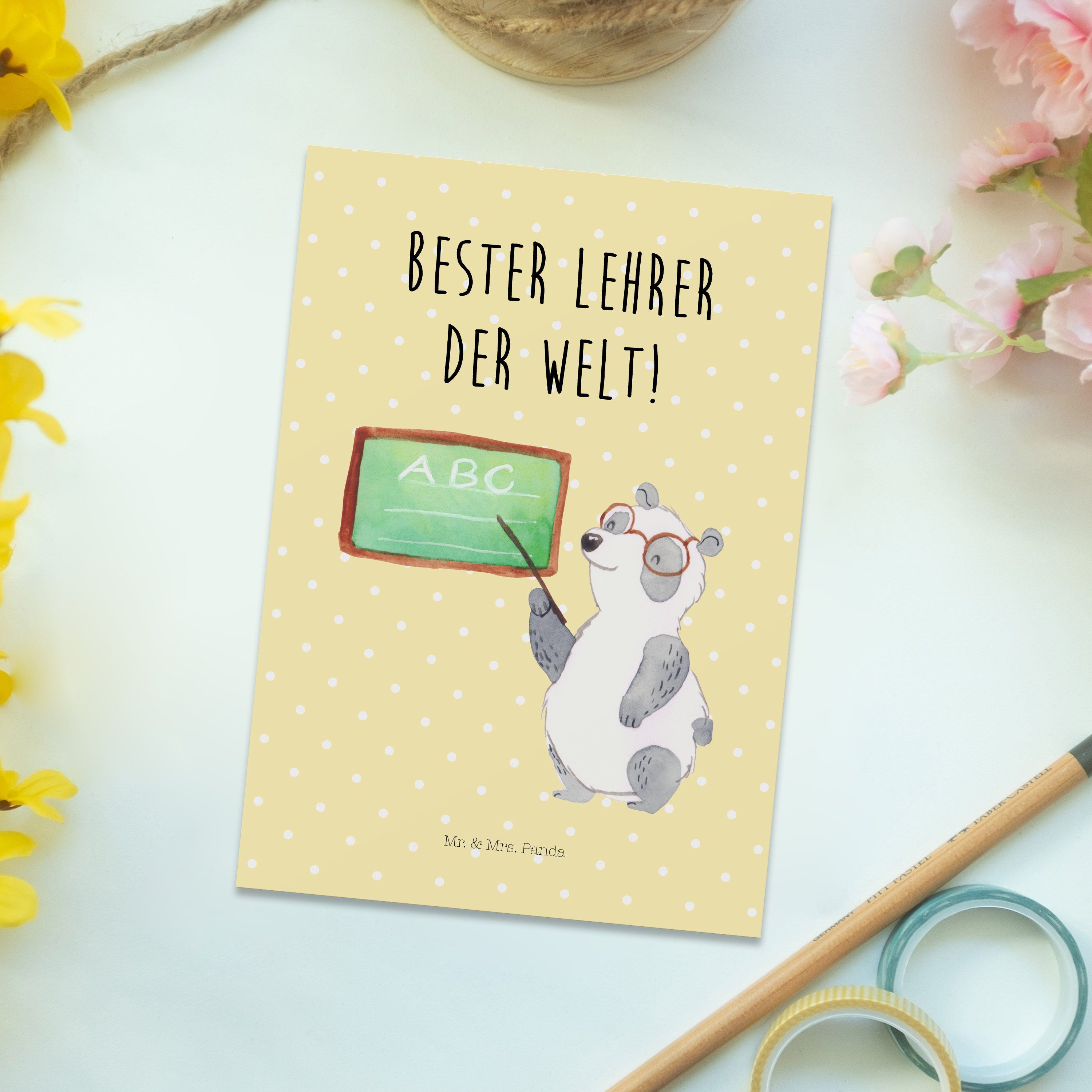 Lehrer - Postkarte Geschenk, Panda Panda Grußkarte Mrs. Geburtstagskarte, - Gelb & Mr. Pastell