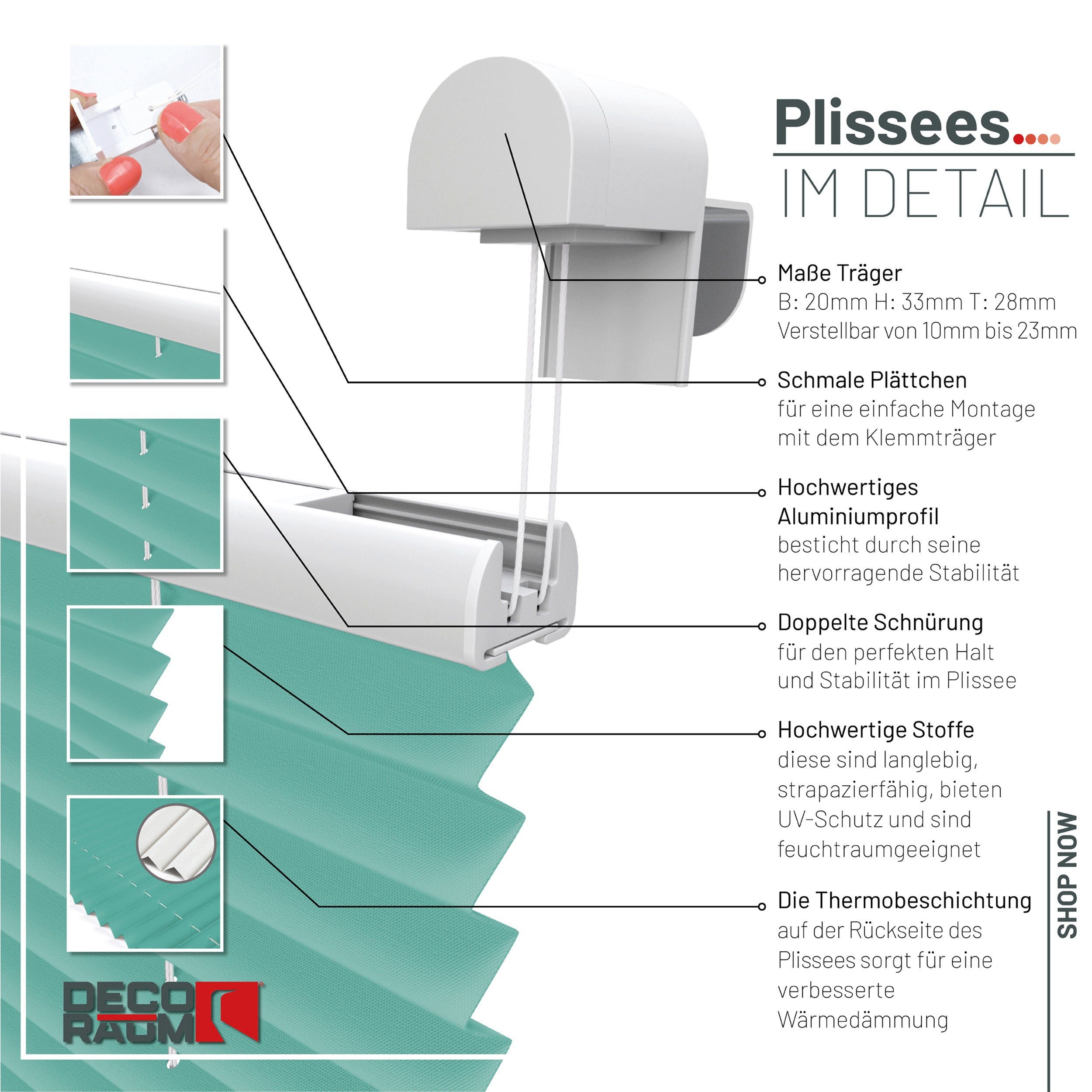 Deco-Raum Plissee Thermo Basic, abdunkelnd, Klemmträger, auf dem Fenster-/Türrahmen, Klemmfix, einfache Montage, in verschiedenen Farben und Größen ohne Bohren