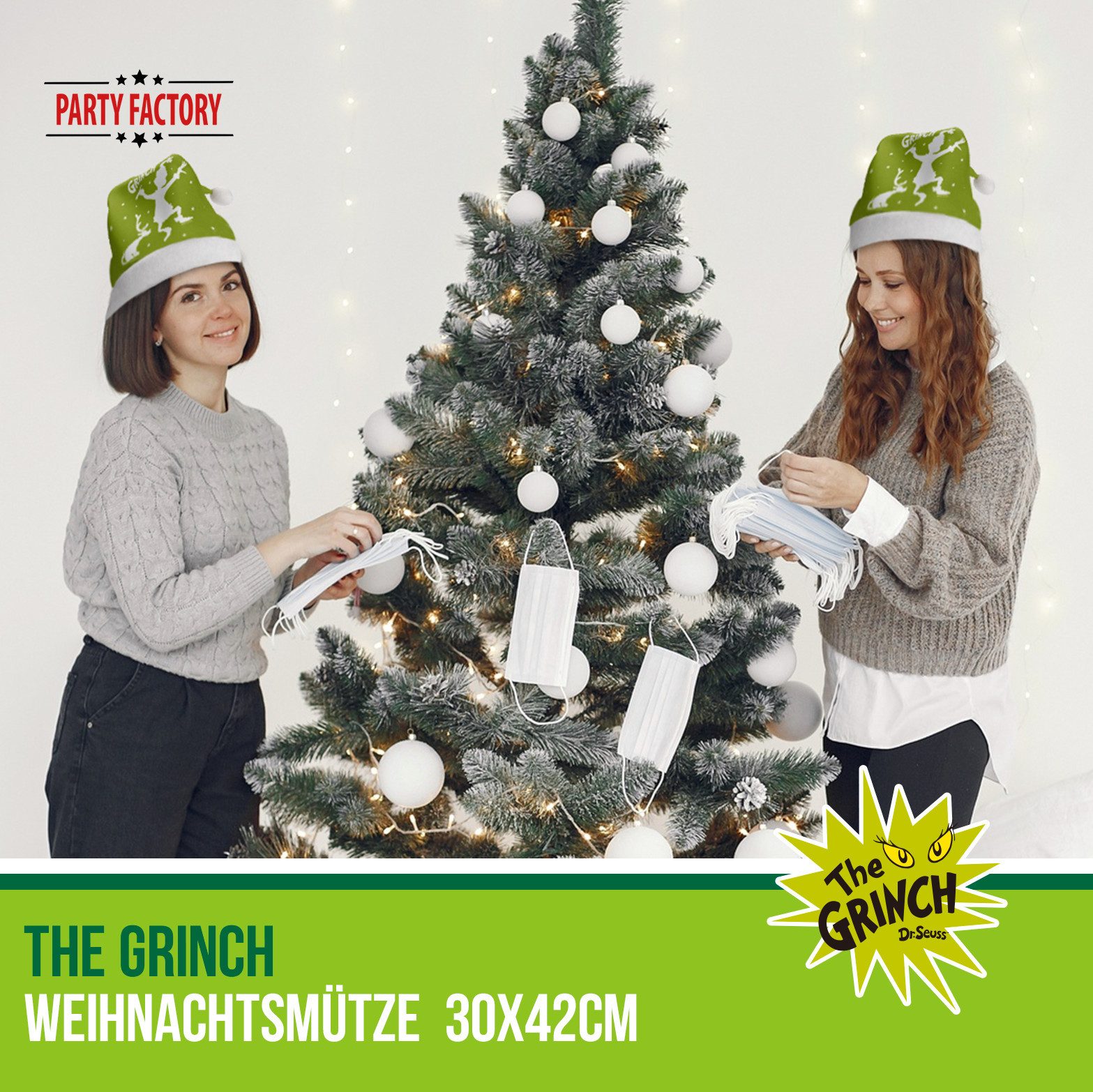 Party Factory Bommelmütze The Grinch Weihnachtsmütze grün-weiße Mütze 30 × 42 cm Polyester (1-St)