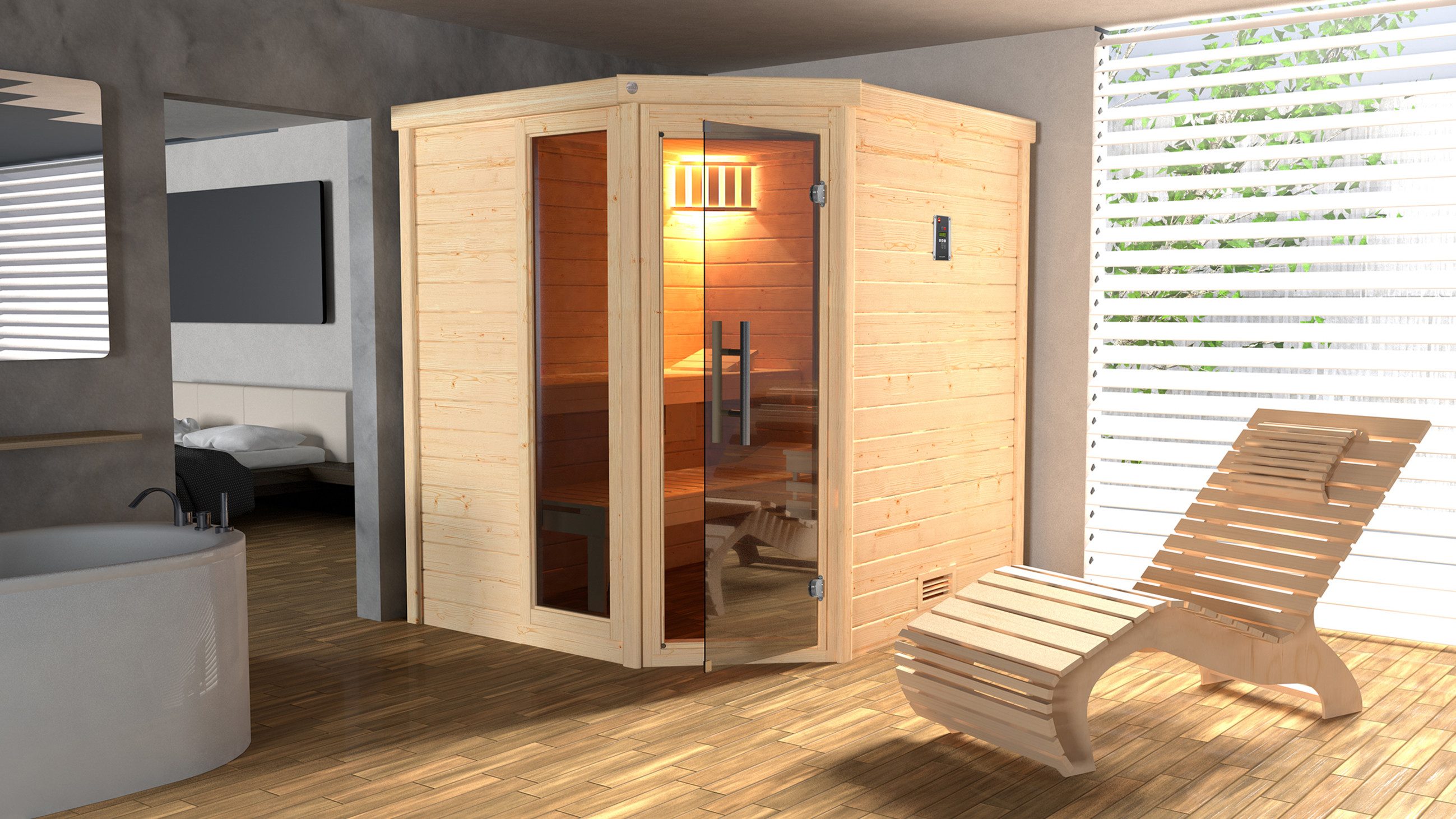Thumbnail - weka Sauna Massivholzsauna TURKU 1, BxTxH: 195 x 178 x 205 cm, 45 mm, Blockbohlen, Fensterelement, moderne Ganzglastür