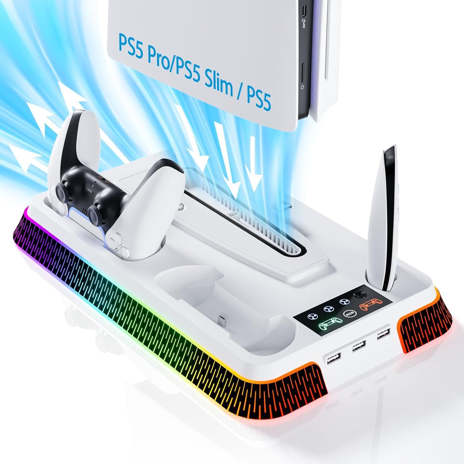 AURIVION PS5 Kühlstation mit RGB, Turbo Lüfter & Dual Ladestation Controller (Set, 1 St., PS5 Pro Ständer mit 3-stufigem Lüfter und Headset Halter)