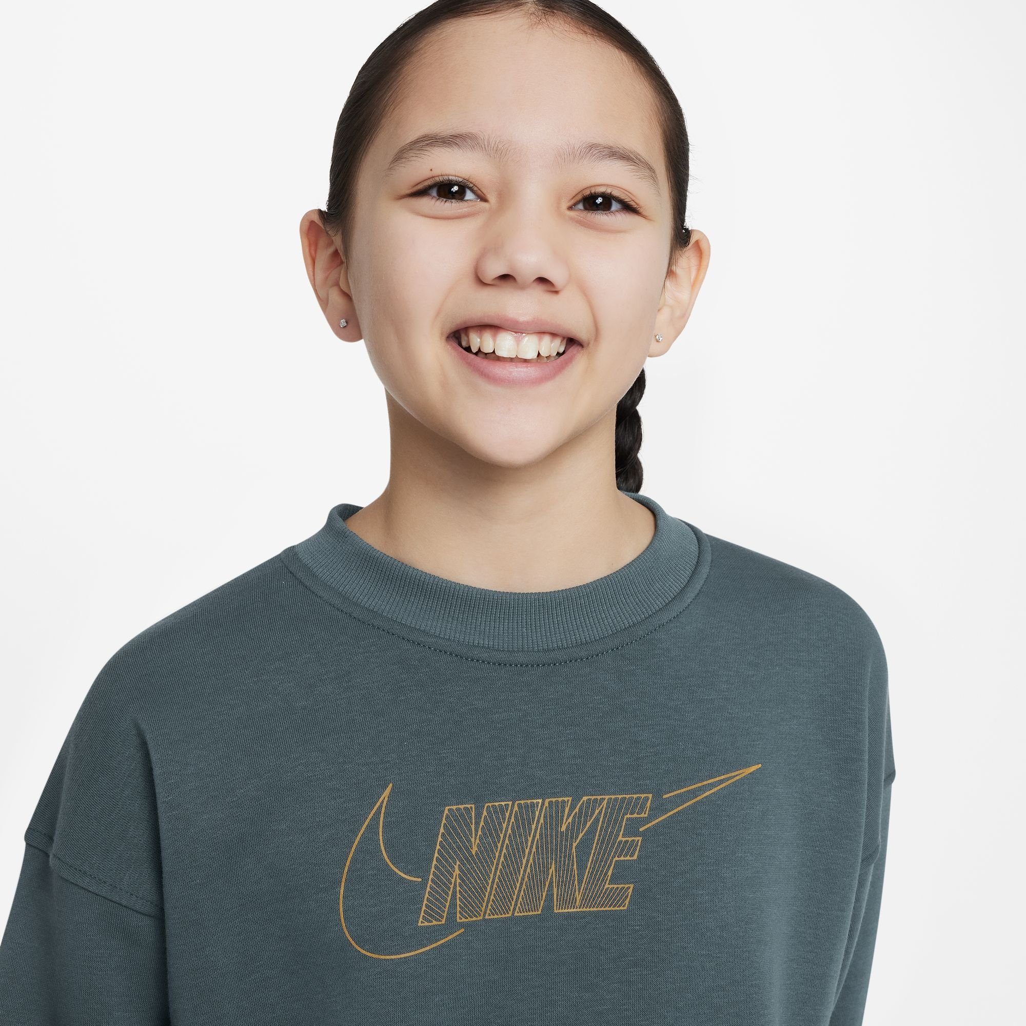 Nike Sportswear Sweatshirt CLUB FLEECE BIG KIDS' (GIRLS) CREWNECK TOP DEEP JUNGLE/METALLIC GOLD