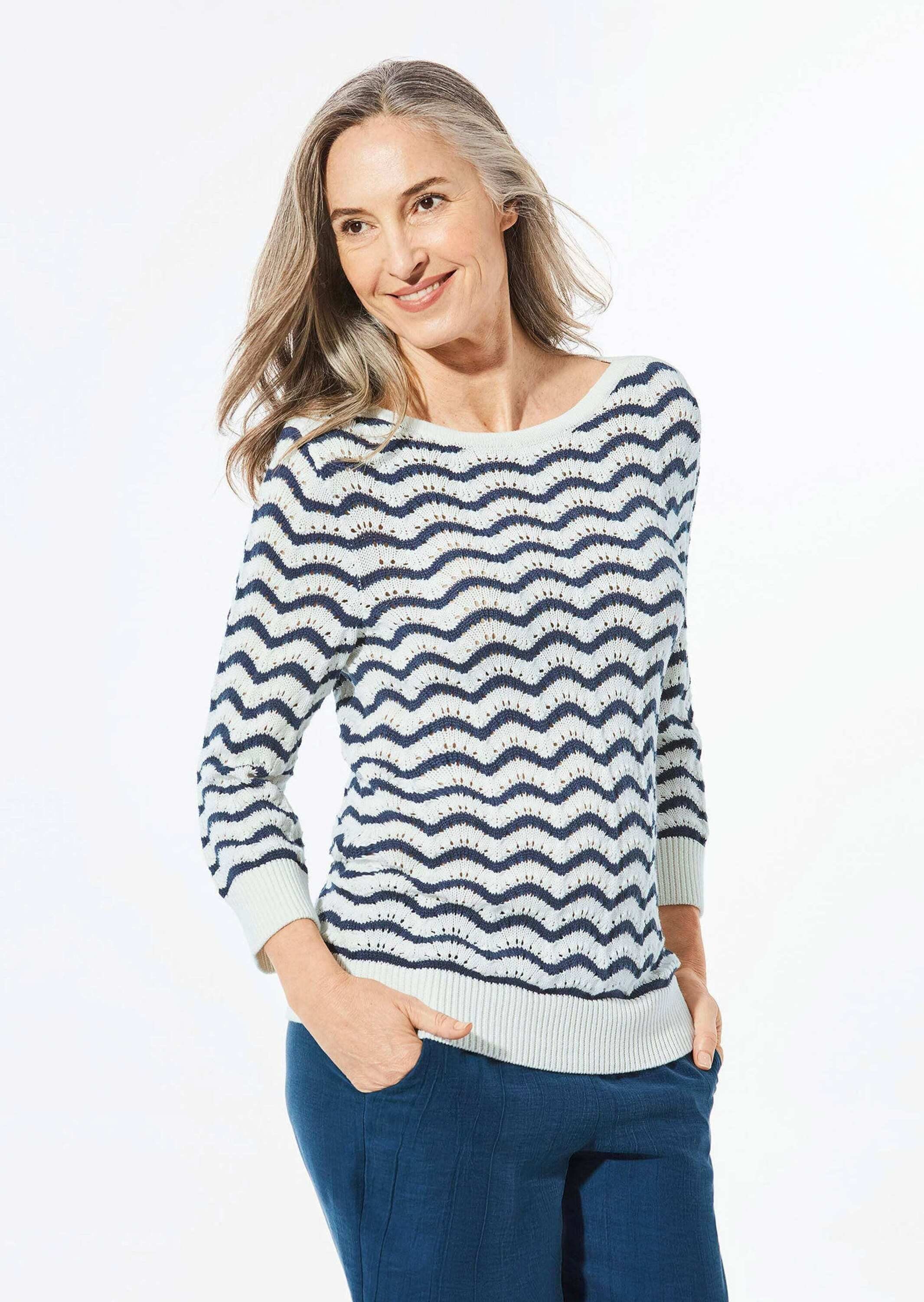 Strickpullover Ringelpullover mit 3/4-Arm und Ajourdetails