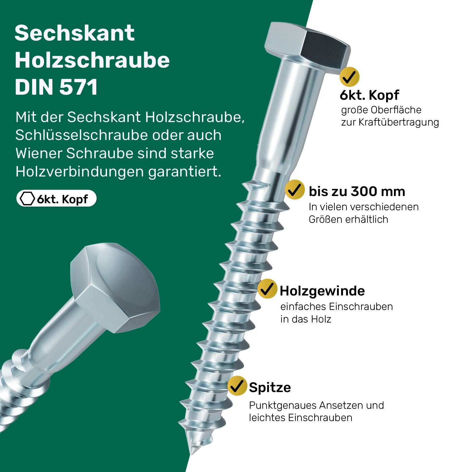 / verzinkt, (100 St) Holzschrauben Schlüsselschrauben Sechskant Sechskant-Holzschraube DIN 571