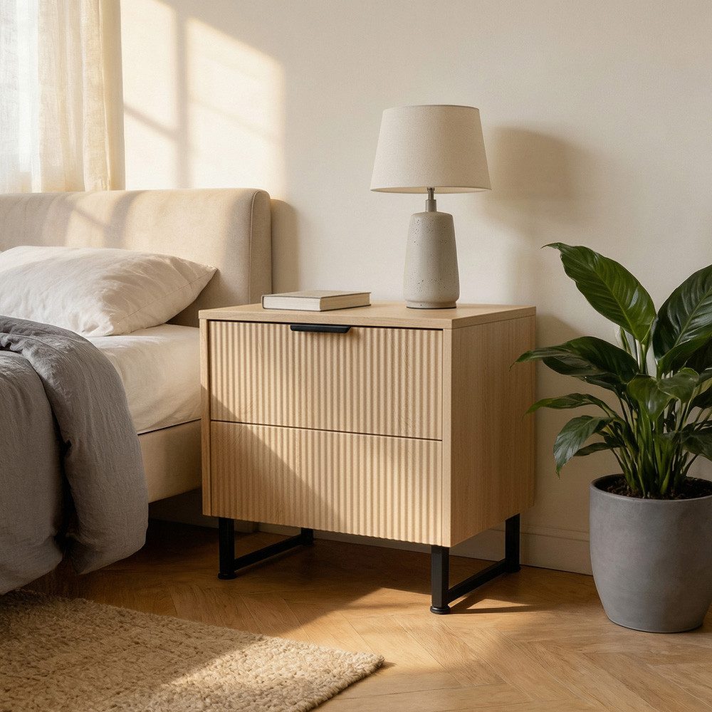 HOME DELUXE Nachttisch NYLA Lamellenfronten, Bettkommode, Beistelltisch fürs Bett (1 Tisch), Geriffelte Optik der Fronten, Breite 45cm, Tiefe 39cm, Höhe 61cm