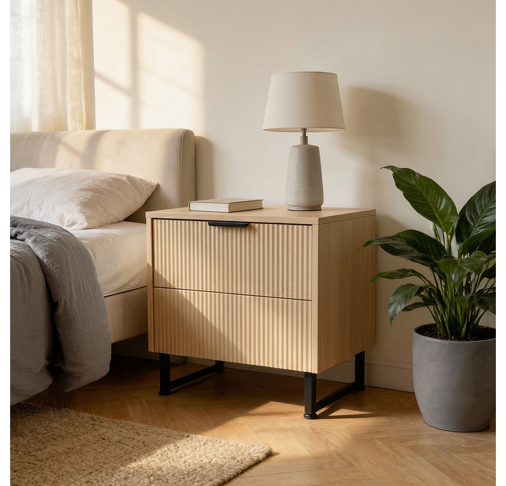 HOME DELUXE Nachttisch NYLA Lamellenfronten, Bettkommode, Beistelltisch fürs Bett (1 Tisch), Geriffelte Optik der Fronten, Breite 45cm, Tiefe 39cm, Höhe 61cm