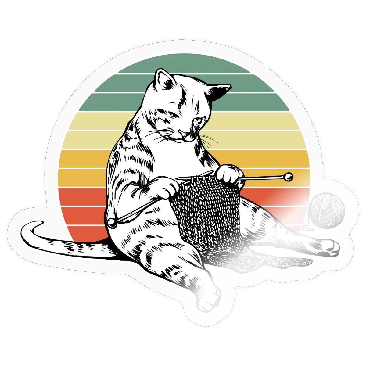 Spreadshirt Aufkleber Strickende Katze, Retro Katze Mit Wolle Sticker Aufkleber