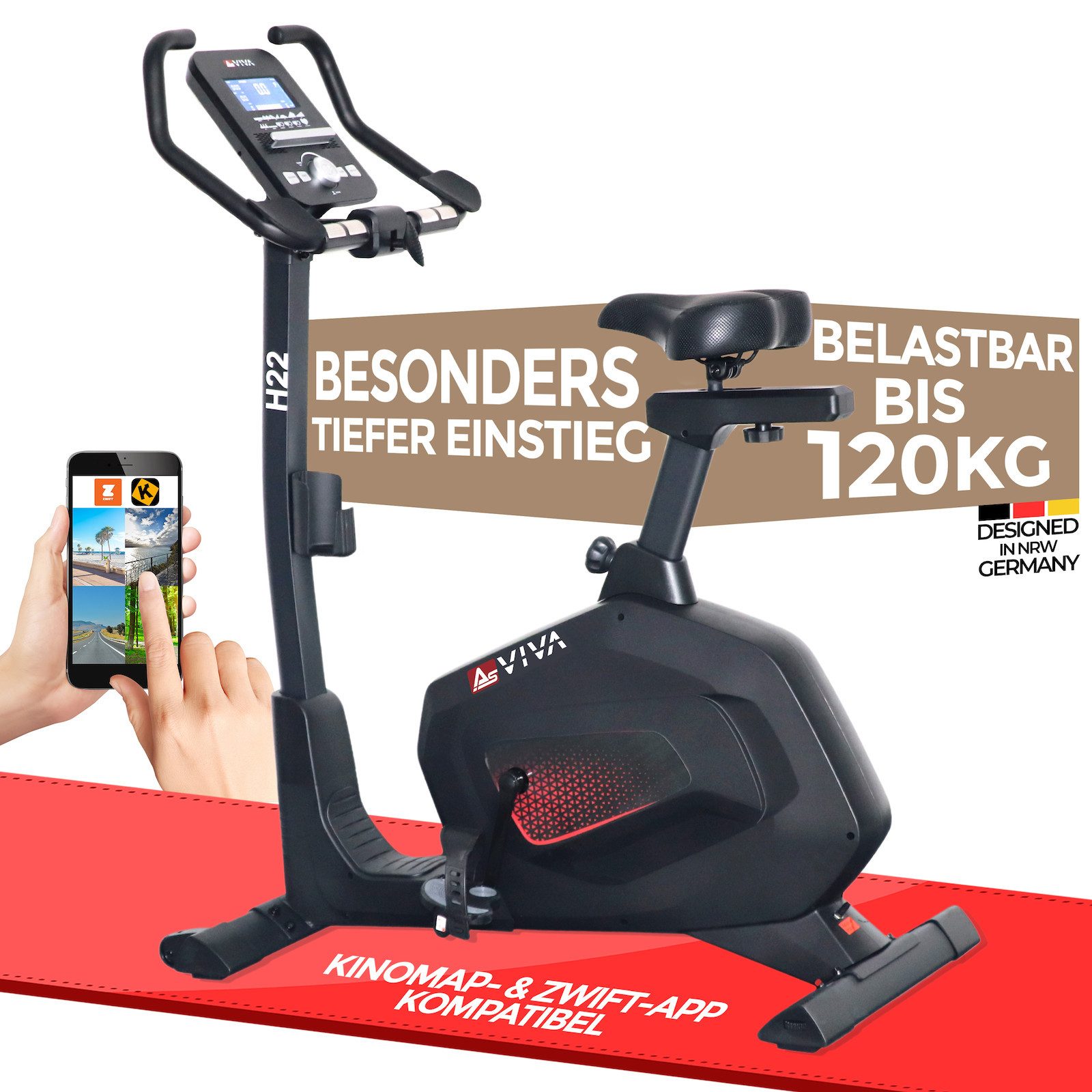 AsVIVA Ergometer H22 Heimtrainer – 12 kg Schwungmasse, Pulssensoren, App-kompatibel (Inkl. Bedienungshandbuch), 13 Fitness- & 4 Cardioprogramme / Inklusive Handpulssensoren