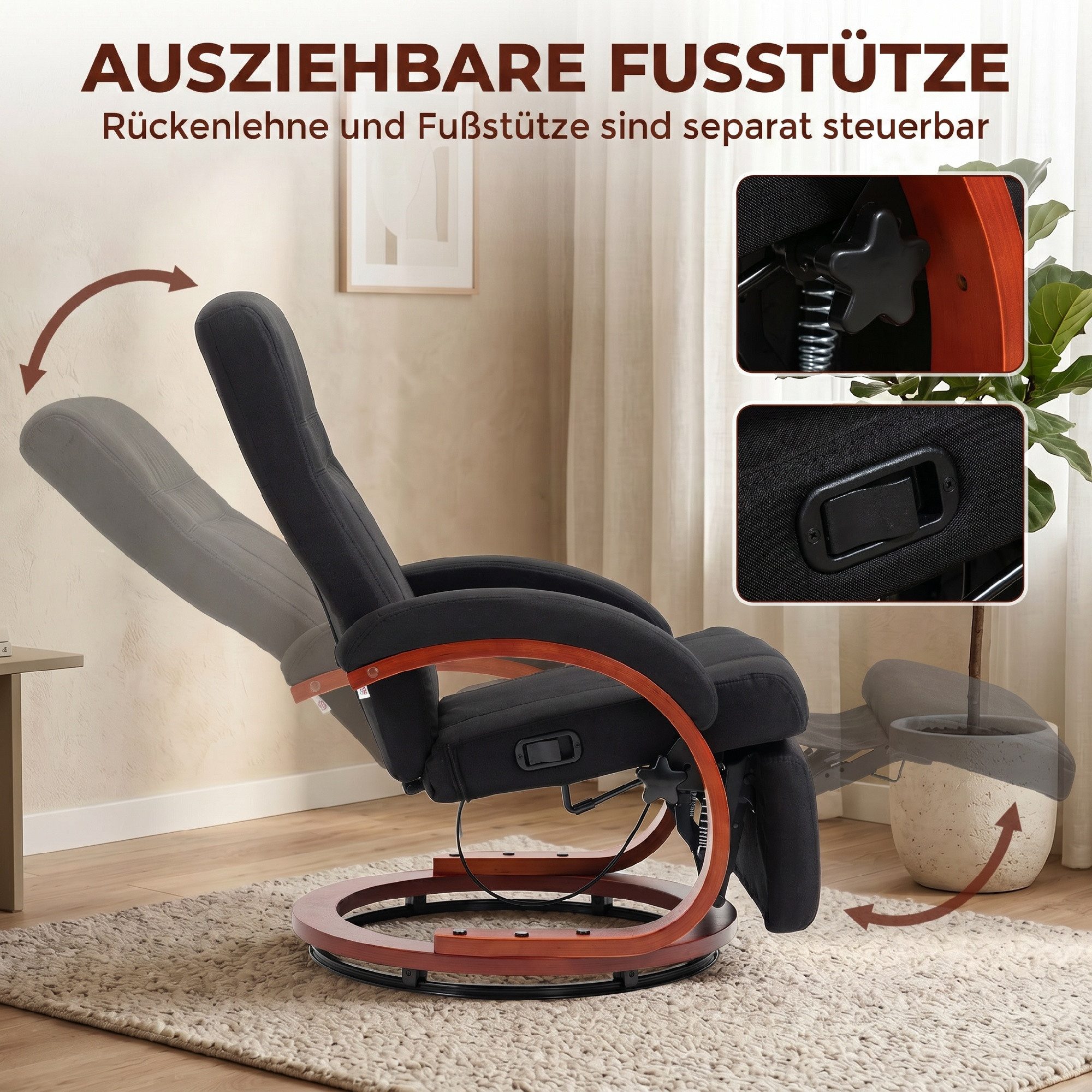 HOMCOM Relaxsessel mit hoher Rückenlehne, ergonomische Armlehne, Fußstütze, Holzbasis (Ruhesessel, 1-St., Fernsehsessel), für Wohnzimmer Schlafzimmer Schwarz – Bild 5 von 5