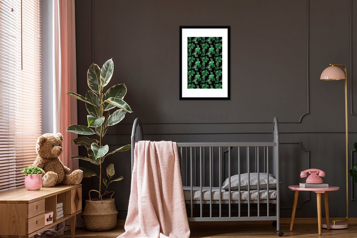 - Rahmen, St), Kunstdruck, Poster, Weinlese Pflanzen MuchoWow Monstera, (1 Poster mit Bilderrahmen Schwarzem - Gerahmtes