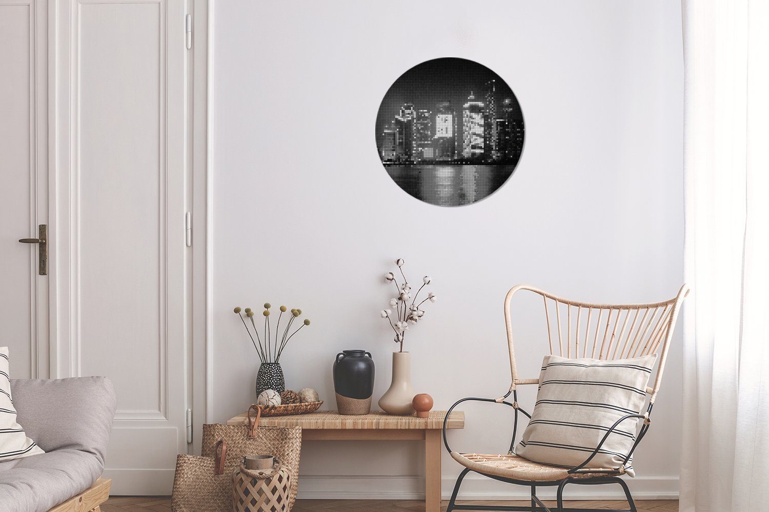 MuchoWow Gemälde Stadt Kreis einer Wandbild, Forex, Mosaikmuster 30x30 cm weiß, Wanddekoration und Wohnzimmer, Rundes schwarz - (1 bei Nacht St)