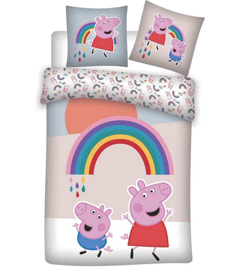 Kinderbettwäsche Peppa Pig Wutz Regenbogen Wende Bettwäsche-Set 135/200 + 80/80 cm, AY!Max