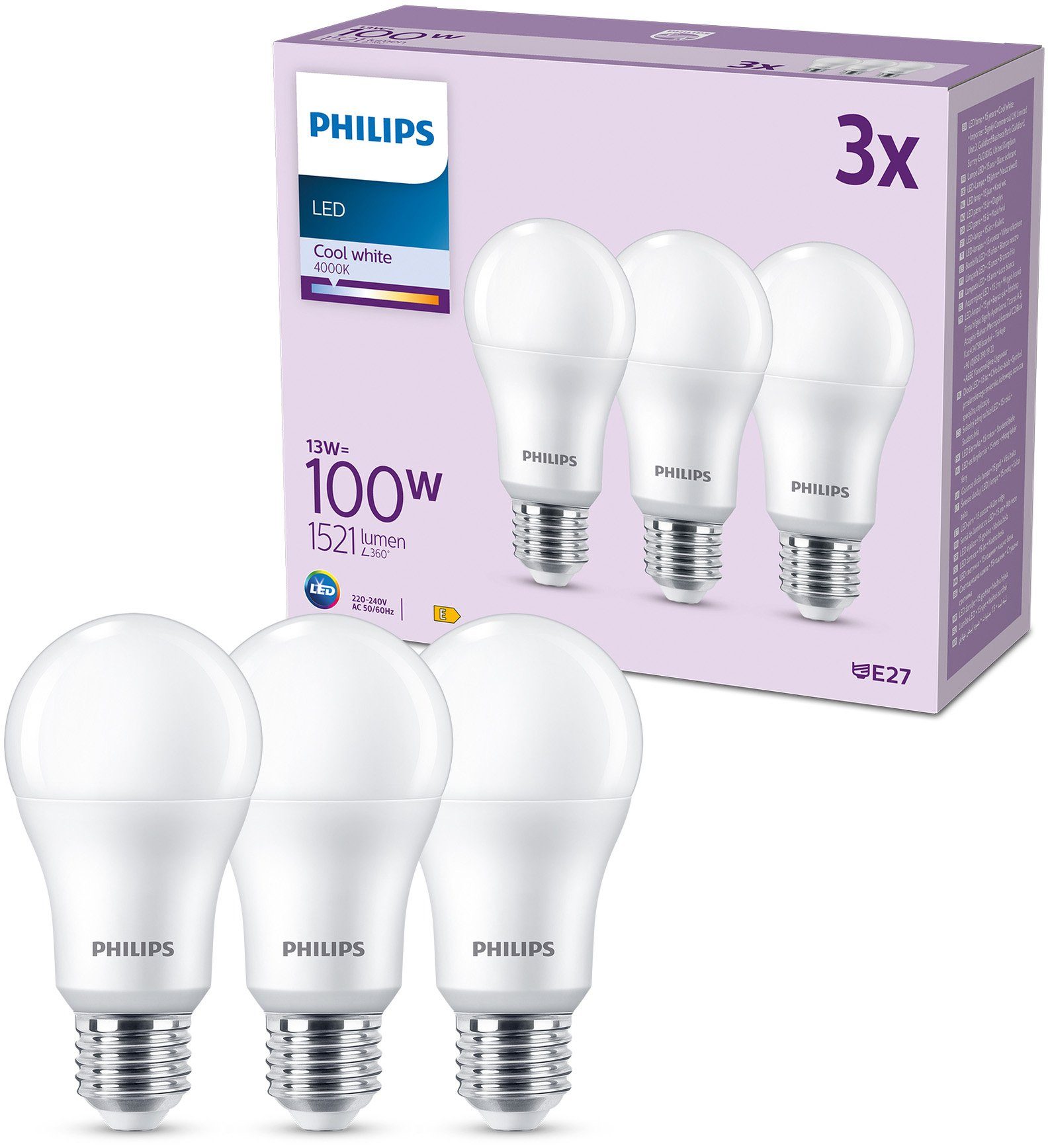 Philips »LED classic Lampe 100W E27 Kaltweiß 1521lm matt 3er P« LED-Leuchtmittel,  E27, Neutralweiß