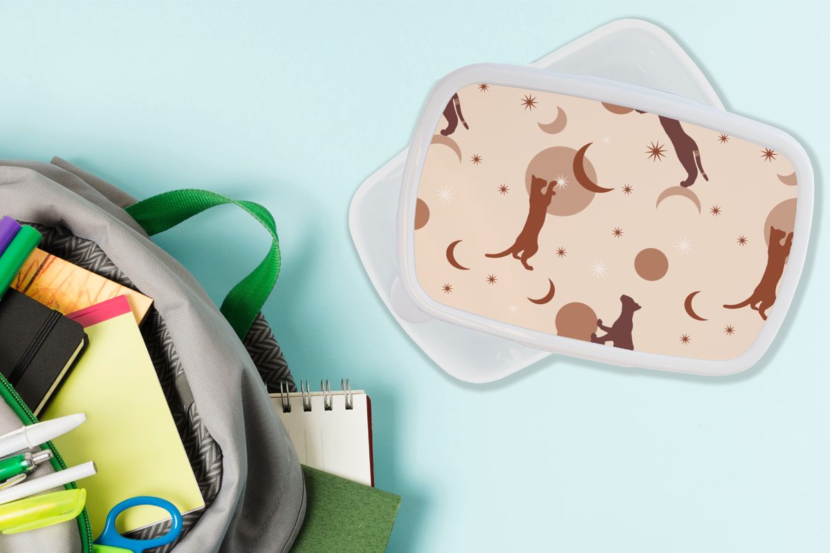 MuchoWow Lunchbox Muster - - Kinder Kunststoff, Brotdose, - Kinder, und Mädchen Mädchen für Erwachsene, Mond Jungs Brotbox weiß - und - Pastell (2-tlg), Kinder für - Katze