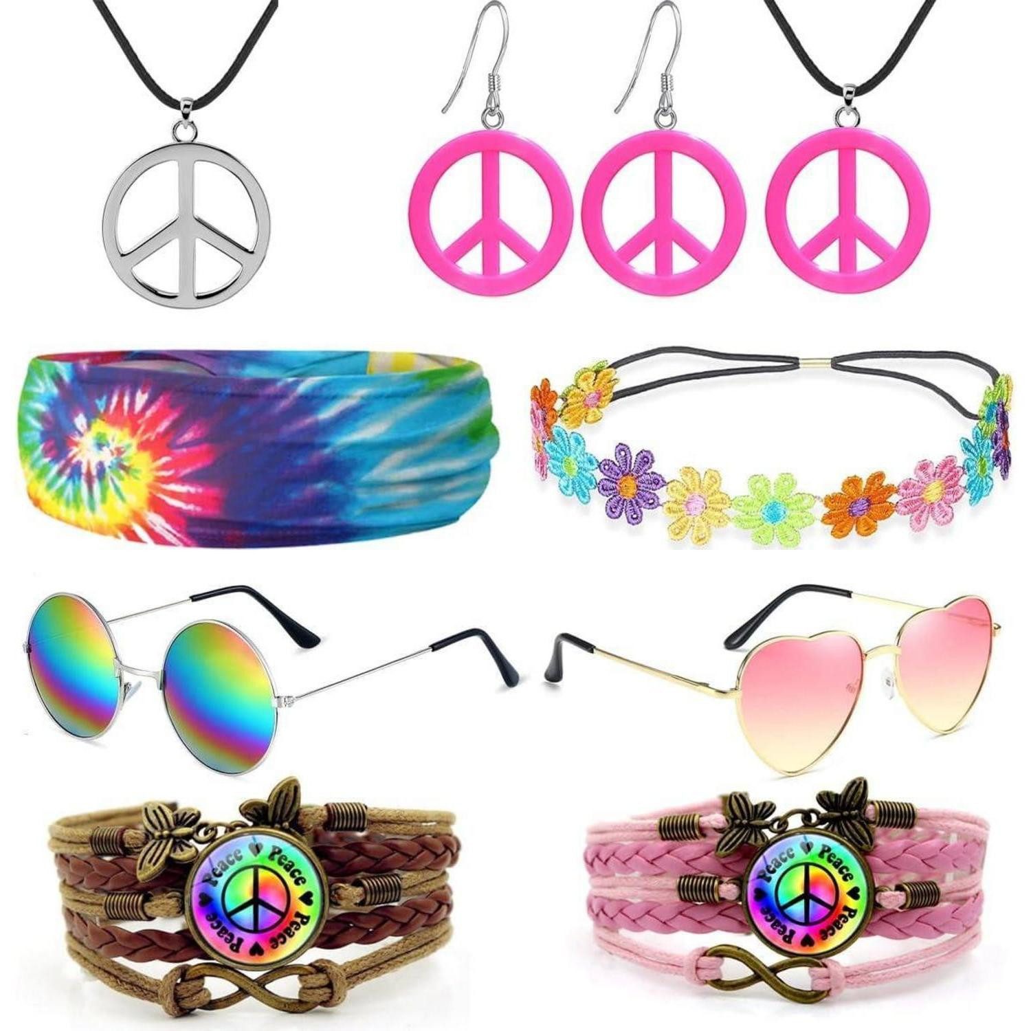 Hippie-Kostüm Hippie Kostüm Set Peace Halskette Brille Batik Stirnband Armbänder