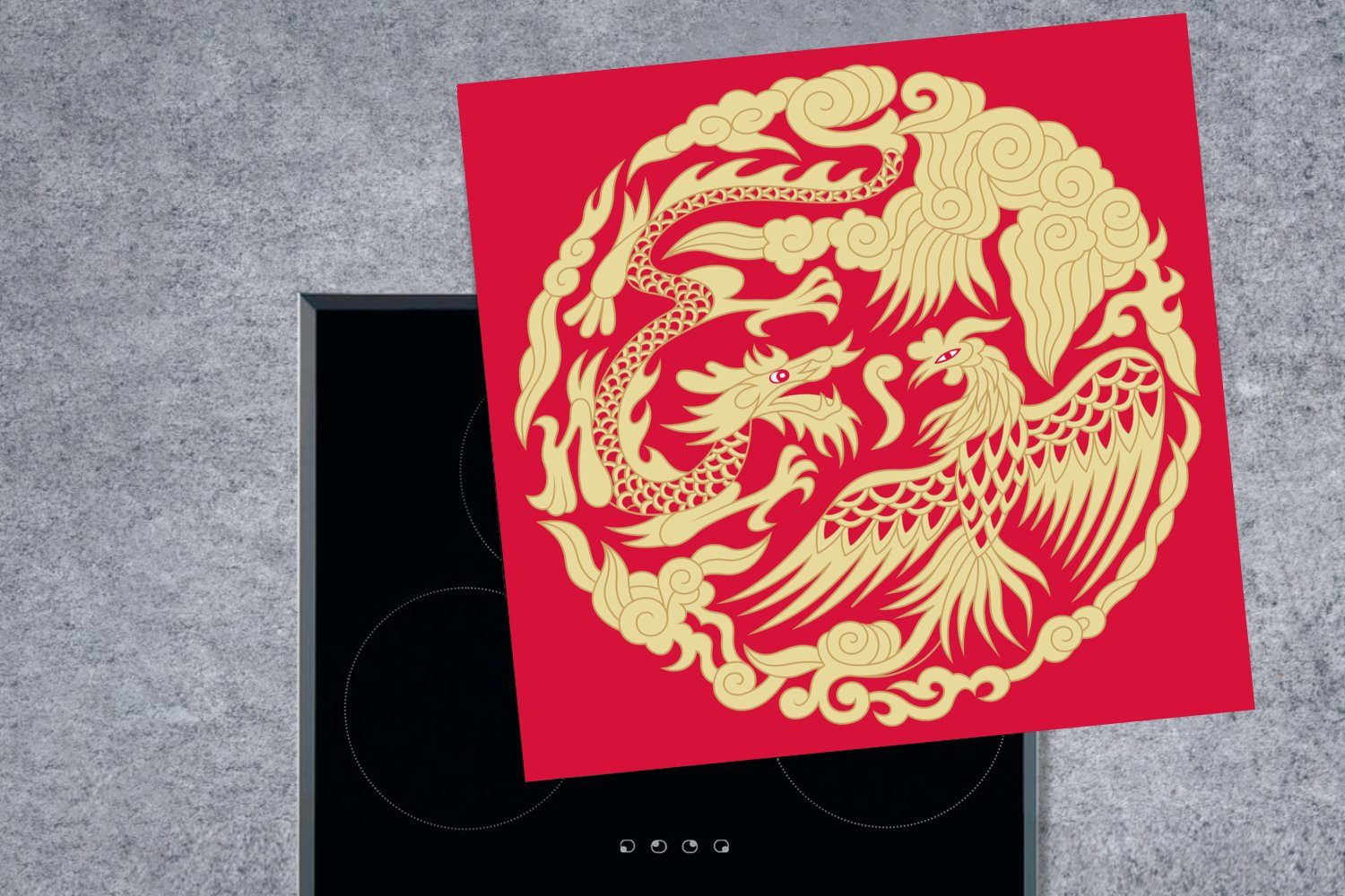 Vinyl, für küche tlg), Ceranfeldabdeckung, und Drachens Illustration Herdblende-/Abdeckplatte chinesische MuchoWow cm, eines (1 eines, 78x78 Arbeitsplatte Traditionelle