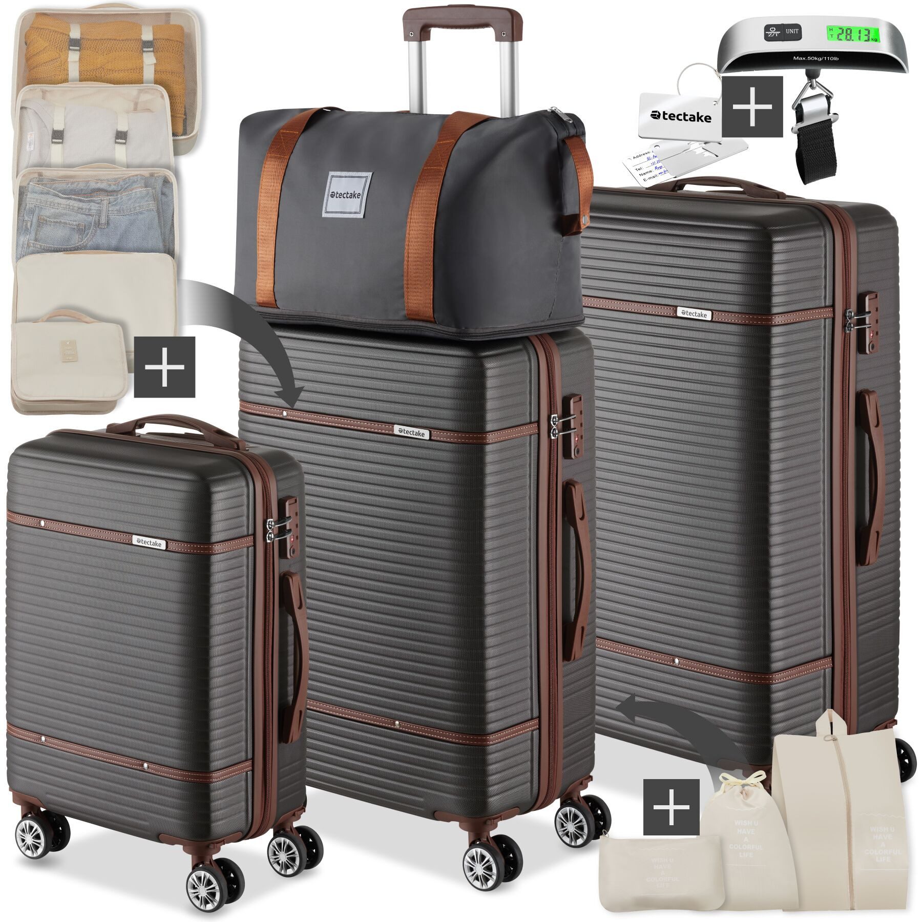 tectake Trolley Hartschalenkoffer-Set 13-tlg. robuster ABS-Kunststoff mit, 4 Rollen, TSA-Sicherheitszahlenschloss, 360° drehbare, abnehmbare Doppelrollen