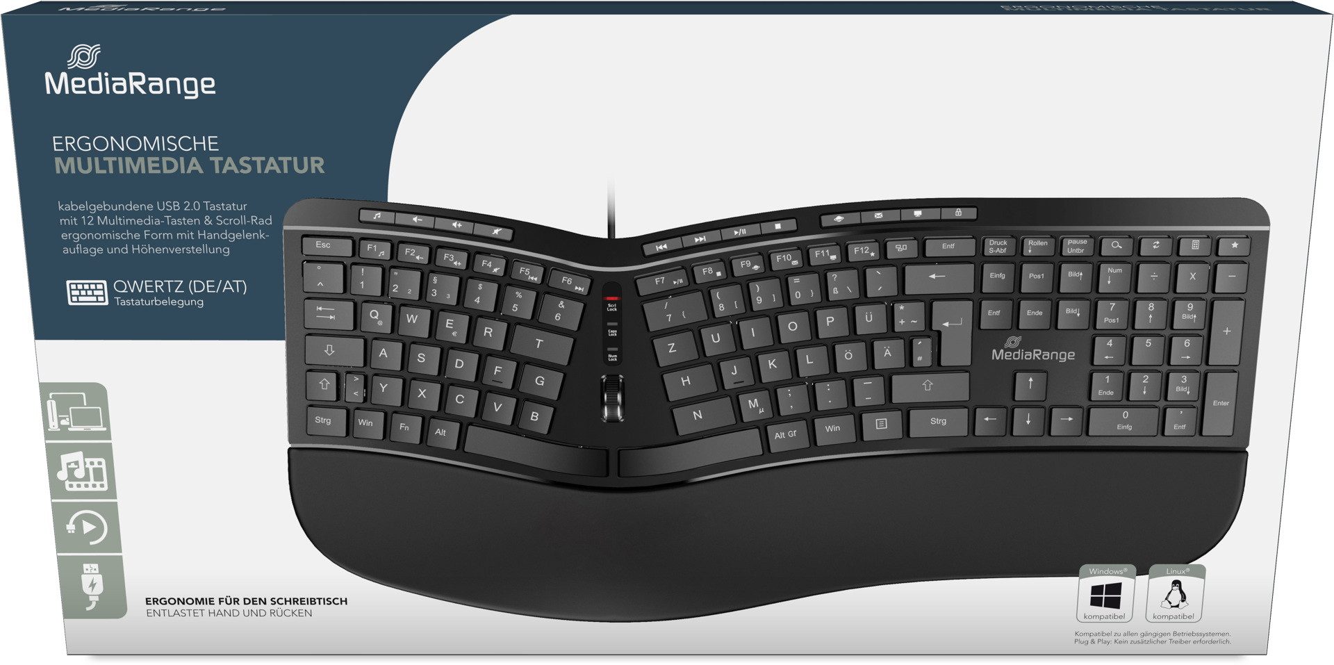 Mediarange Tastatur mit Kabel QWERTZ ergonisch Multimedia MROS120 Tastatur