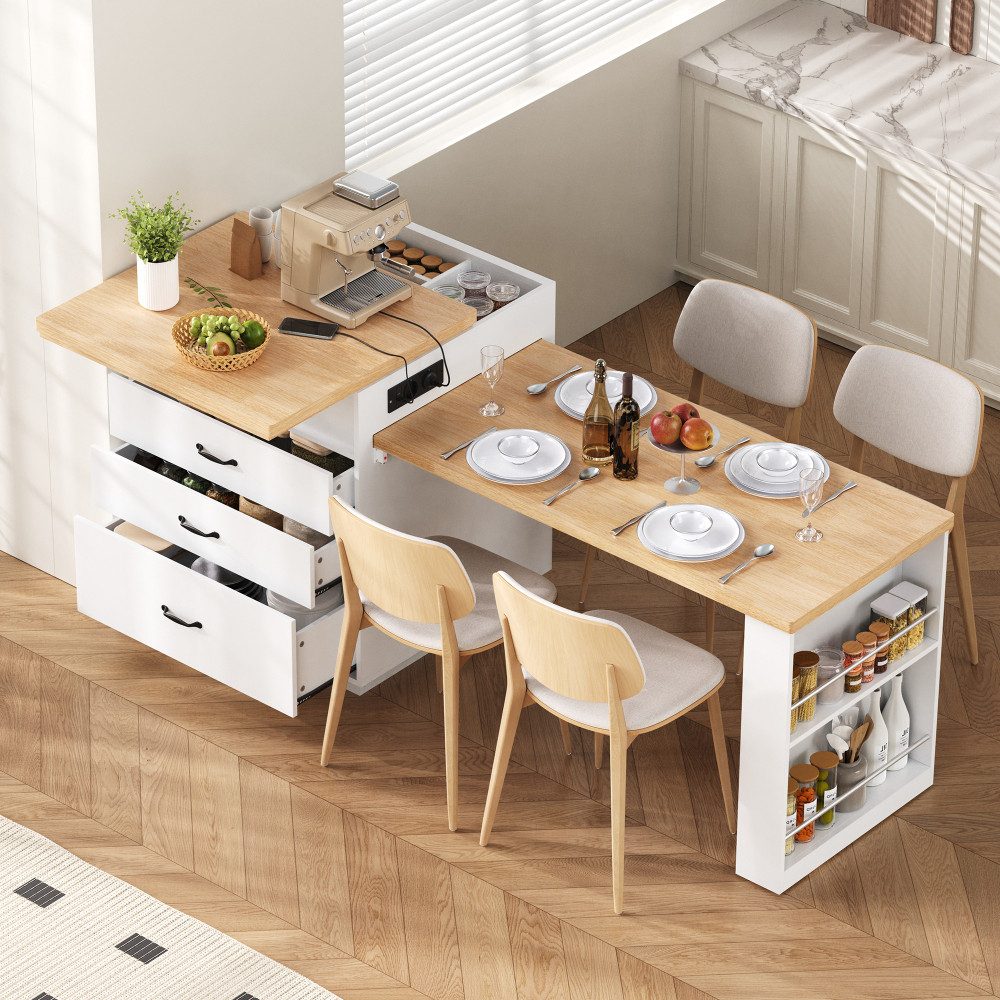 BBWL Kücheninsel mit Rollen Ausziehbarer Esstisch mit LED-Beleuchtung, Steckdosen, Kücheninsel, Sideboard und Bartisch