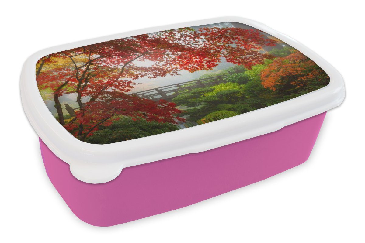 MuchoWow Lunchbox Japanischer Ahorn - Bäume - Brücke - Natur - Japanisch, Kunststoff, (2-tlg), Brotbox für Erwachsene, Brotdose Kinder, Snackbox, Mädchen, Kunststoff rosa