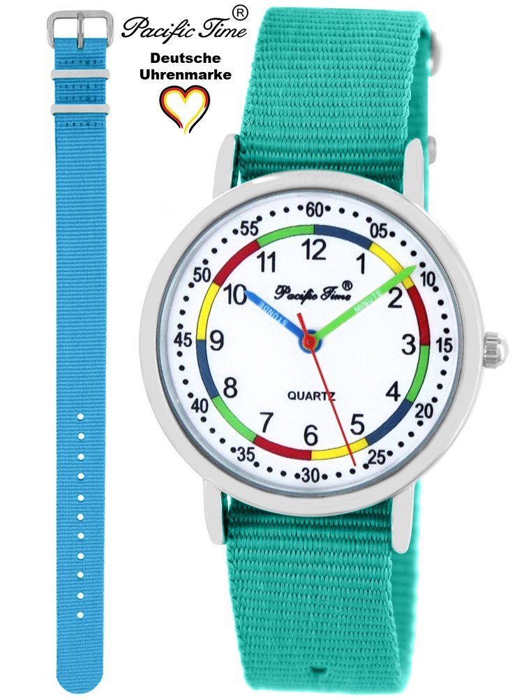 Pacific Time Quarzuhr Set Match türkis Armbanduhr und und Design Wechselarmband, Mix Kinder - Gratis hellblau Lernuhr Versand First