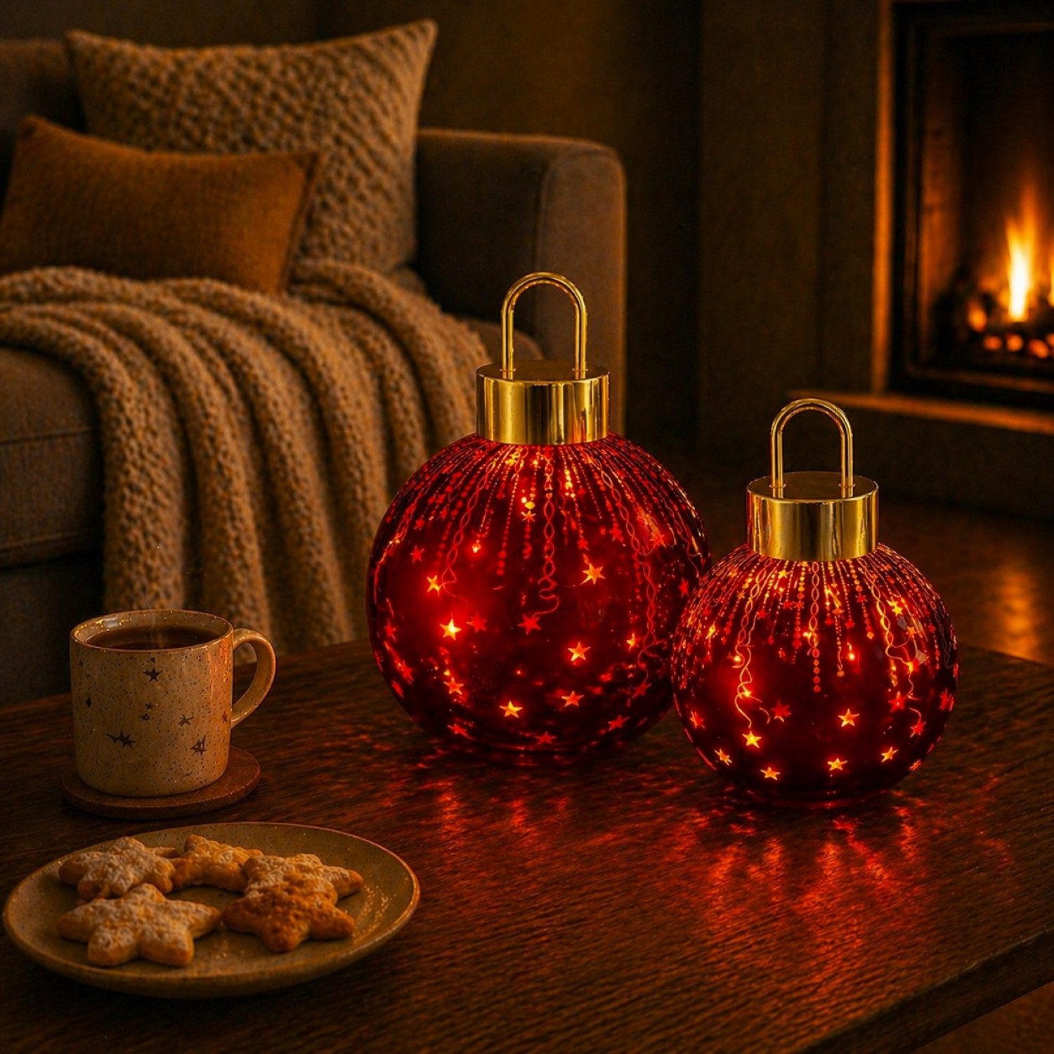 Online-Fuchs LED-Dekofigur 2 Weihnachtskugeln aus Glas mit LED-Lichterkette & Timer - Deko (ruhiges Leuchten oder Flackereffekt wählbar, Rot, Grün, Silber oder Champagner), Weihnachtsdeko für den Innenbereich