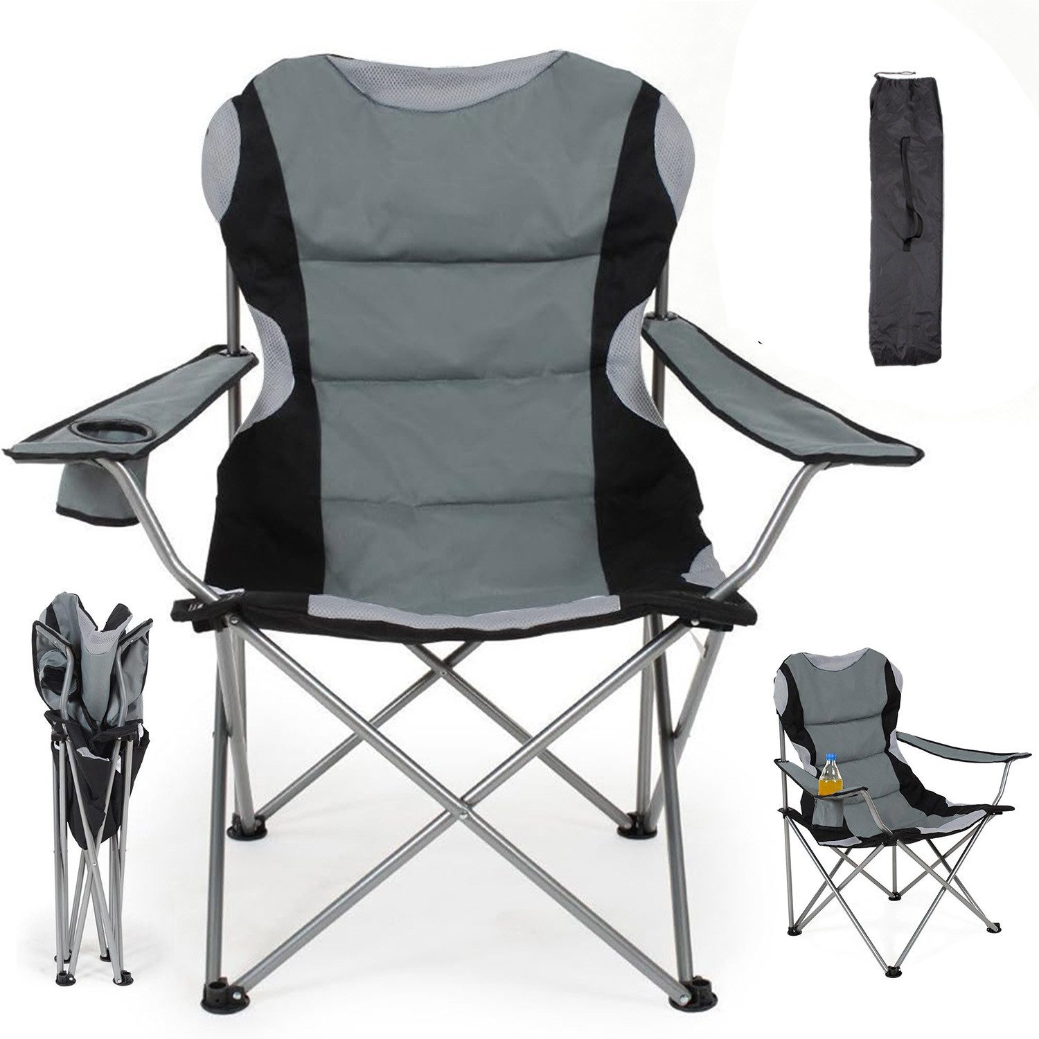 AKKEE Campingstuhl Klappstuhl mit Stahlrahmen, Anglerstuhl, mit Getränkehalter, bis 150KG