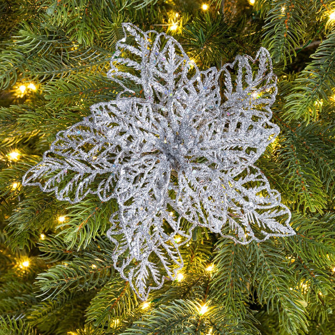 Decoris season decorations auf Clip Blume - Kunststoff Weihnachtsbaumklammer, silber 23cm Weihnachtsstern