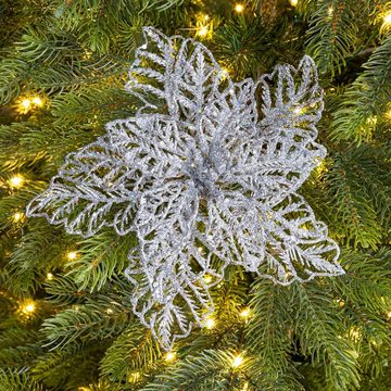 Decoris season decorations Weihnachtsbaumklammer, Weihnachtsstern - Kunststoff Blume auf Clip 23cm silber