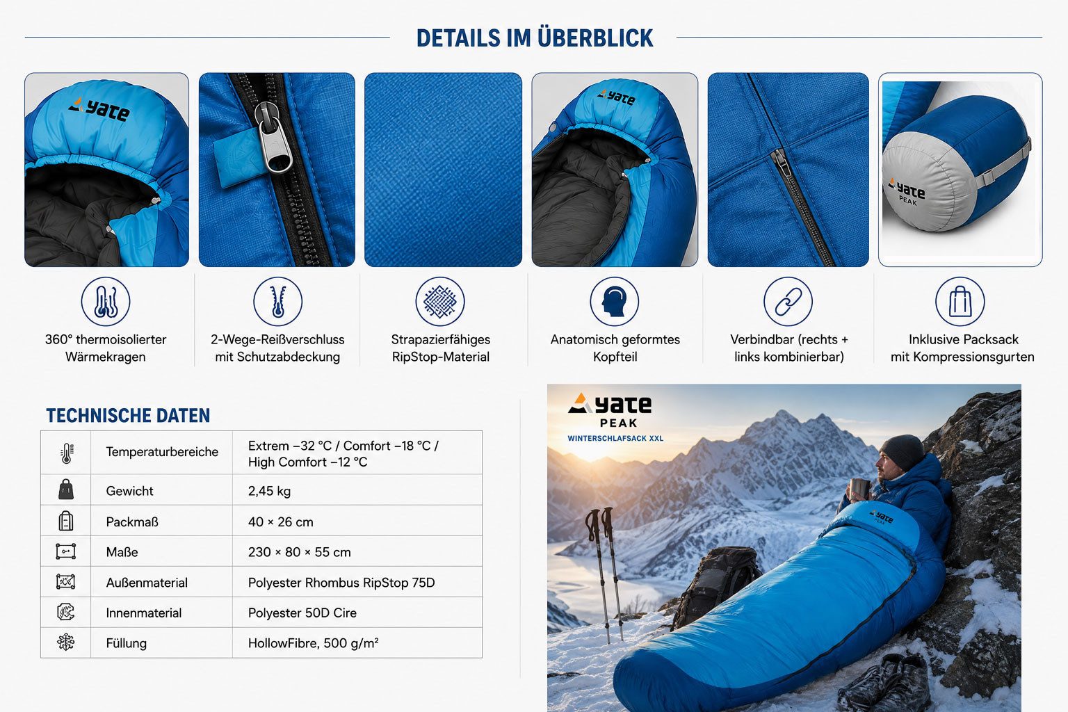 Yate Mumienschlafsack Aven PEAK XXL Extrem Schlafsack Mumienschlafsack Partnerschlafsack, als Partnerschlafsack geeignet – Bild 4 von 5