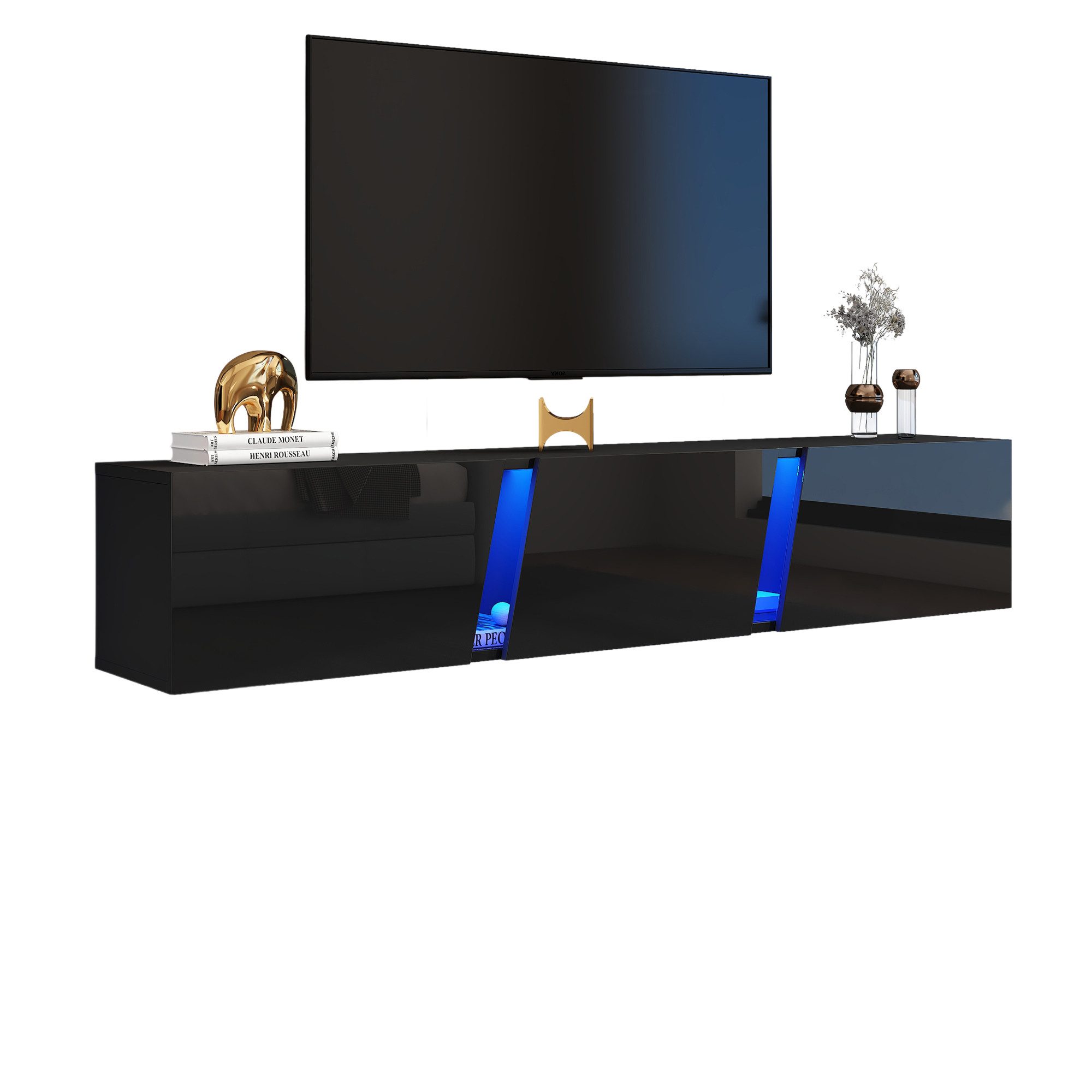 Merax TV-Schrank Hochglanz in Weiß/Schwarz, Hängendes Fernsehschrank (1-St., 180 x 35 x 30 cm) TV-Lowboard mit LED, Acrylakzenten und 3 Türen mit Klappfunktion