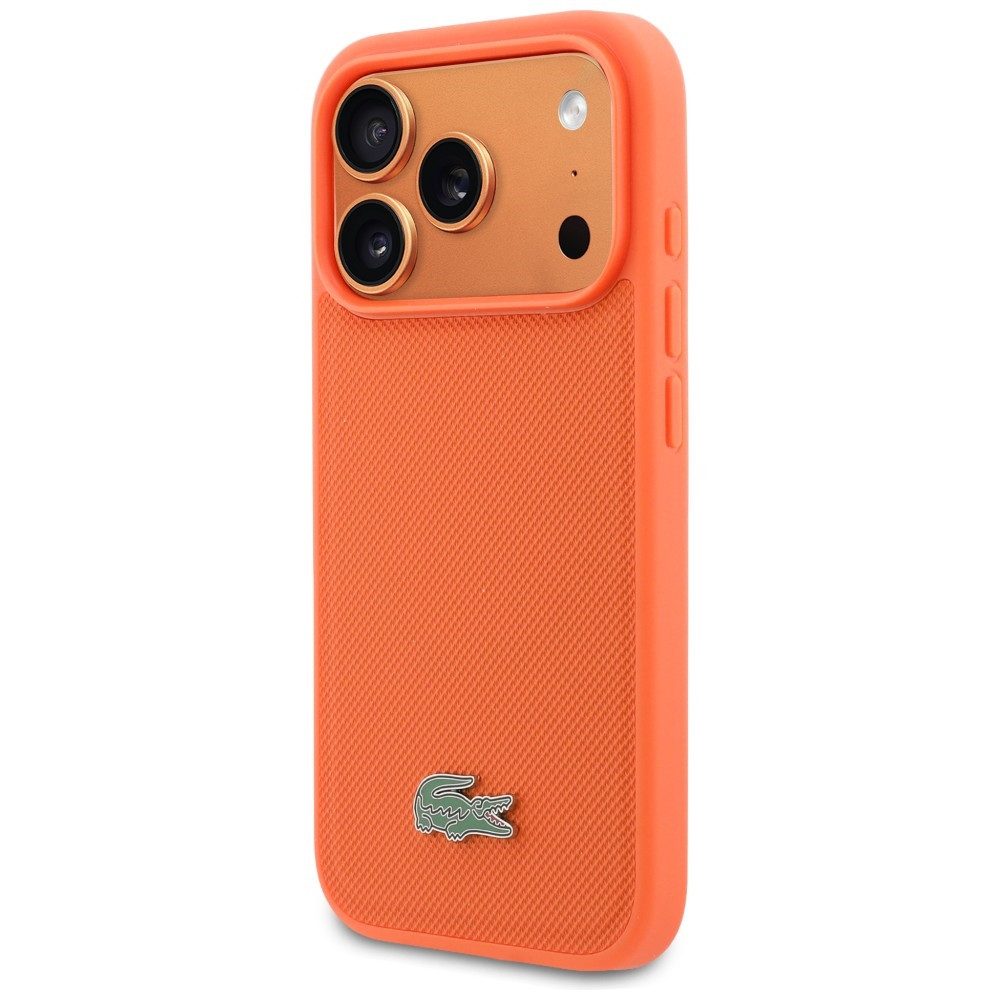 Lacoste Handyhülle iPhone 17 Pro Lacoste Iconic Petit Pique orange Logo Metall Magsafe 6,3 Zoll, Kantenschutz