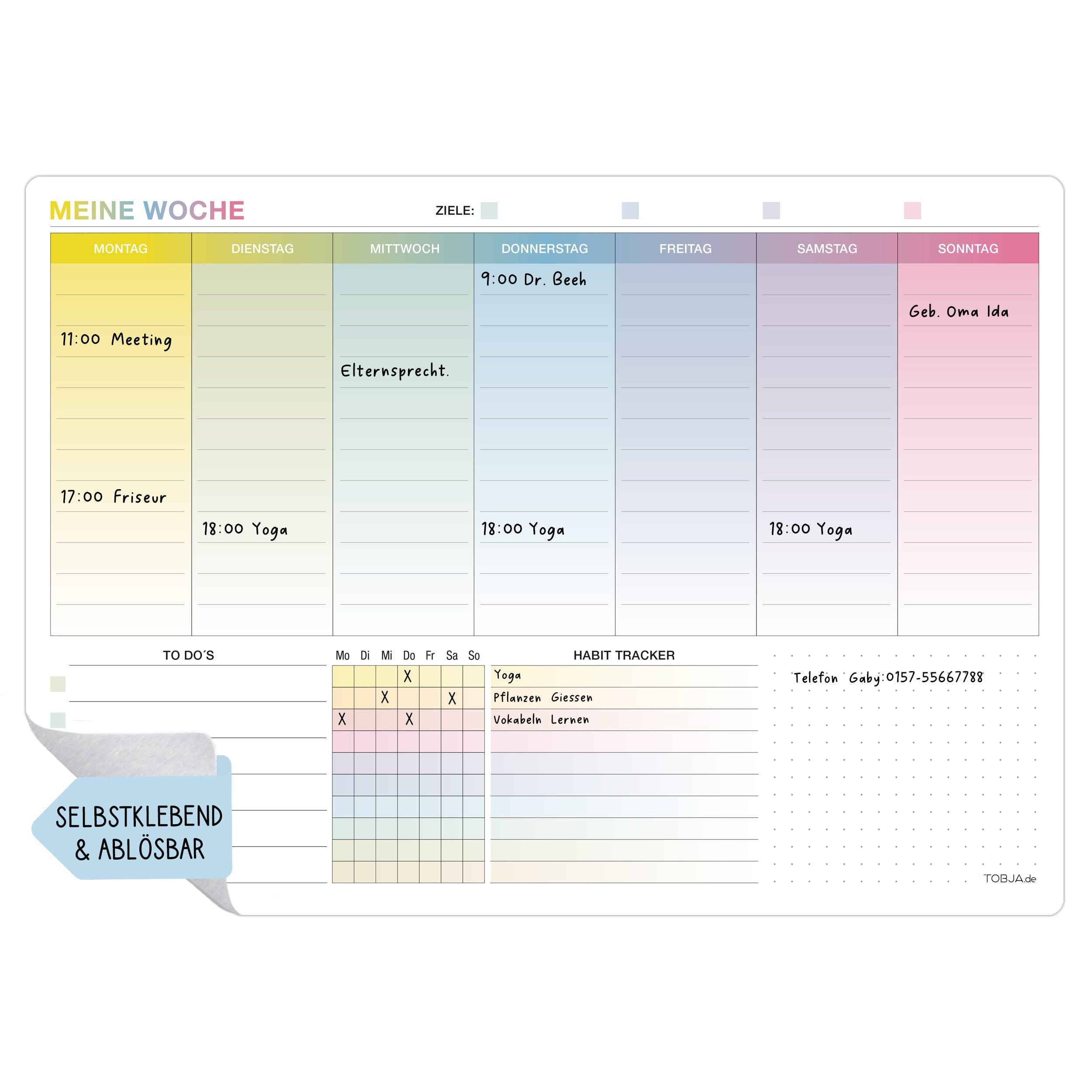 TOBJA Terminplaner Whiteboard Wochenplaner abwischbar A4 – Selbstklebender Planer, Kalender mit To-Do Liste & Habit Tracker