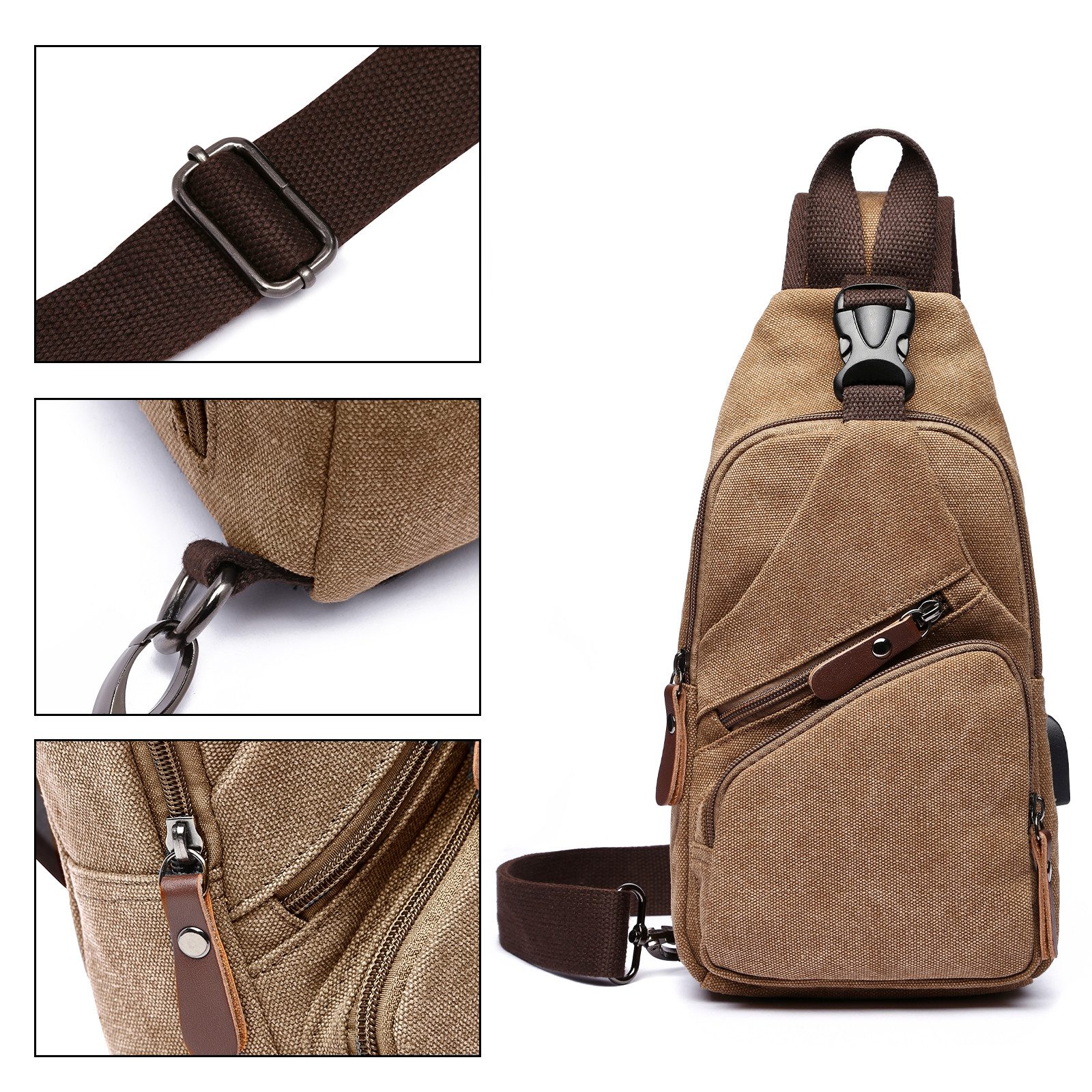 TAN.TOMI Umhängetasche Brusttasche Herren, Schultertasche Herren und Damen mit USB-Aufladung, Brusttasche, Canvas Brusttasche mit Verstellbaren Schultergurten