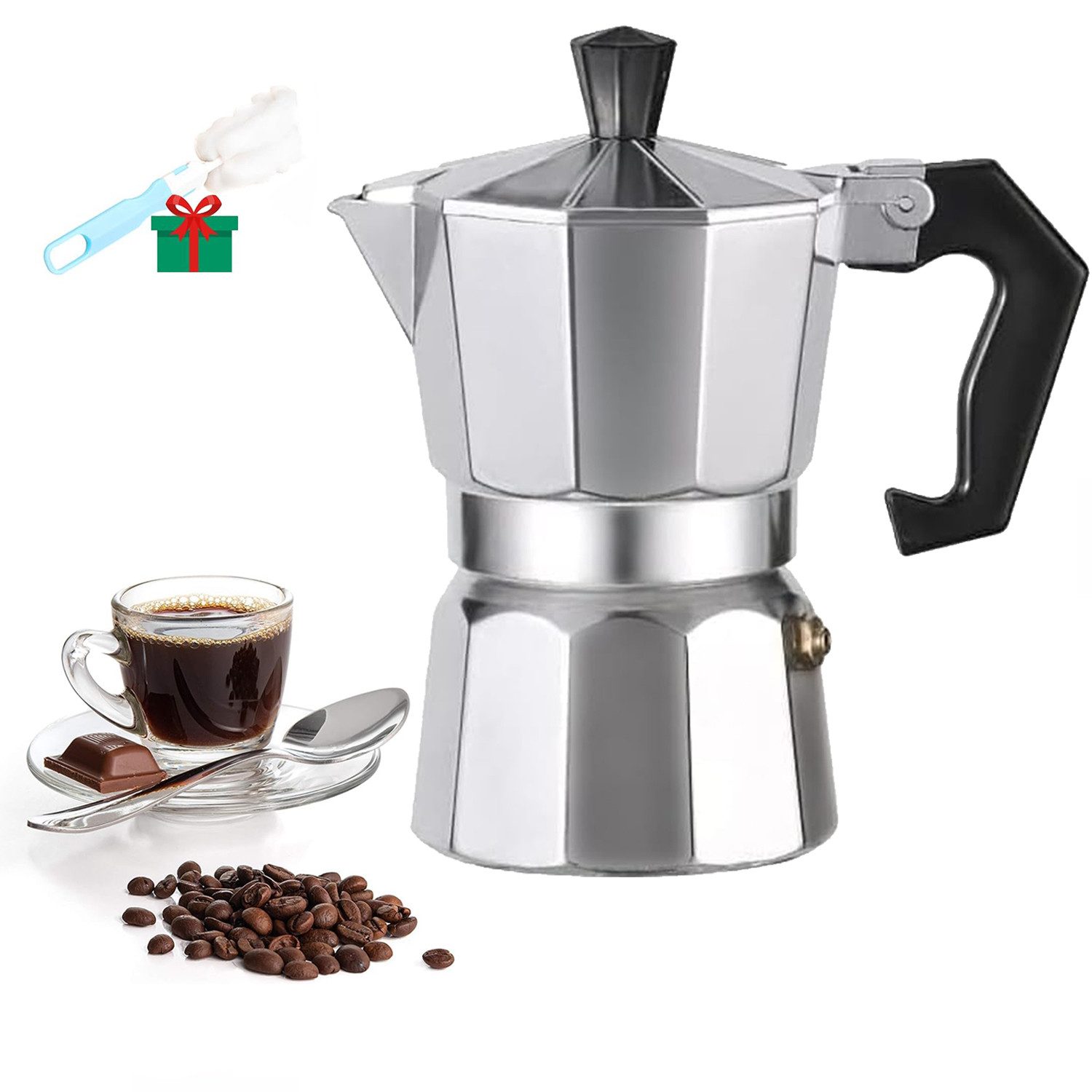 MOPUEA Espressokocher, Abnehmbar, spülmaschinenfest, für Gas- und Glaskeramik