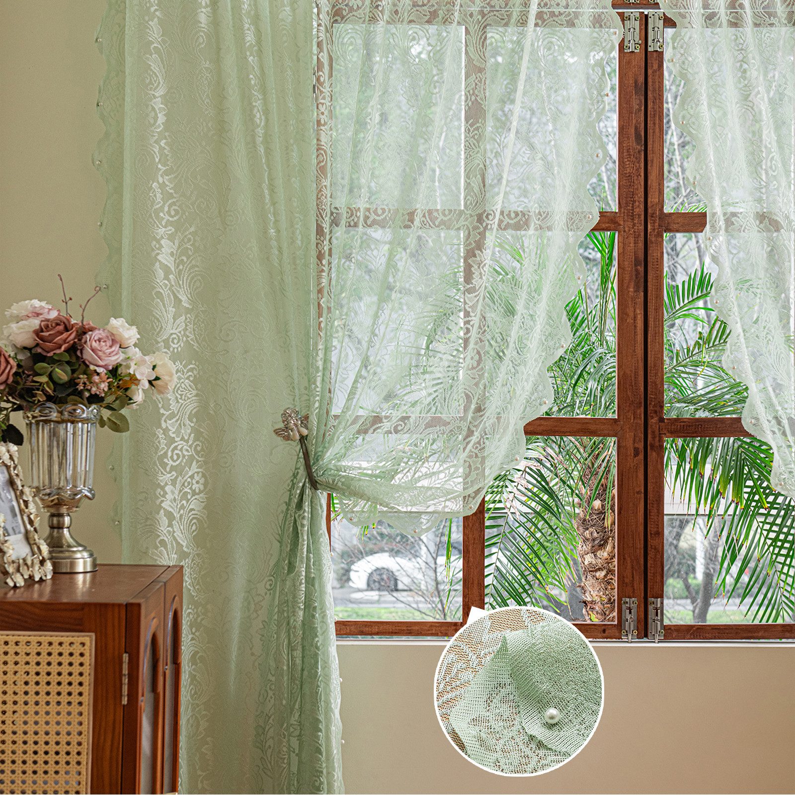 Sunicol Vorhang 2er Set Transparent Gardinen mit Spitze Blumen Bestickte, Voile Vorhänge Luftig Dekoschal für Wohnzimmer Schlafzimmer, Mintgrün