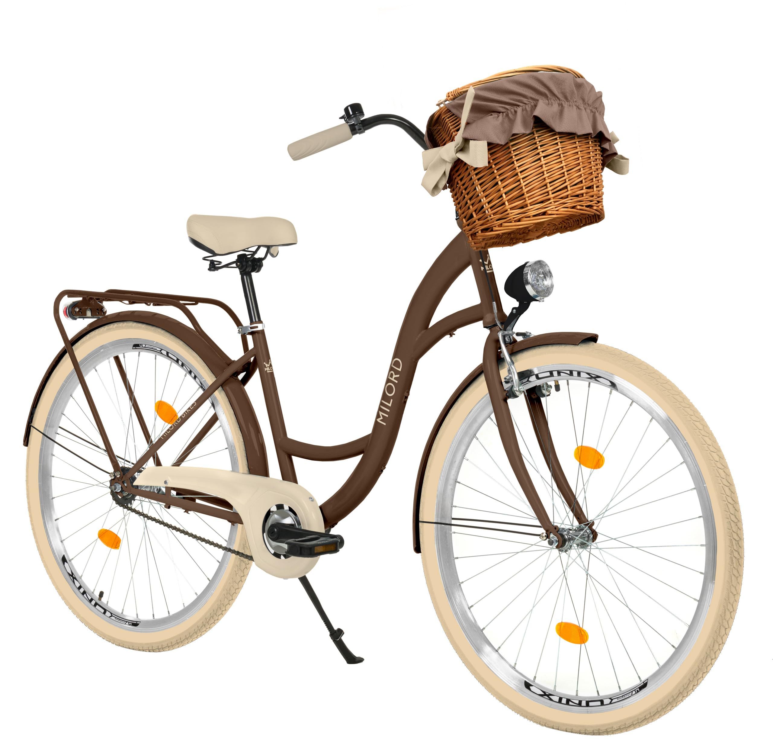 Milord Cityrad Damenfahrrad Citybike Mit Weidenkorb Fahrrad 26/28 Zoll 1-Gang Braun, 1 Gang, (Fahrradständer, Gepäckträger, Klingel, Korb, Kotflügel)