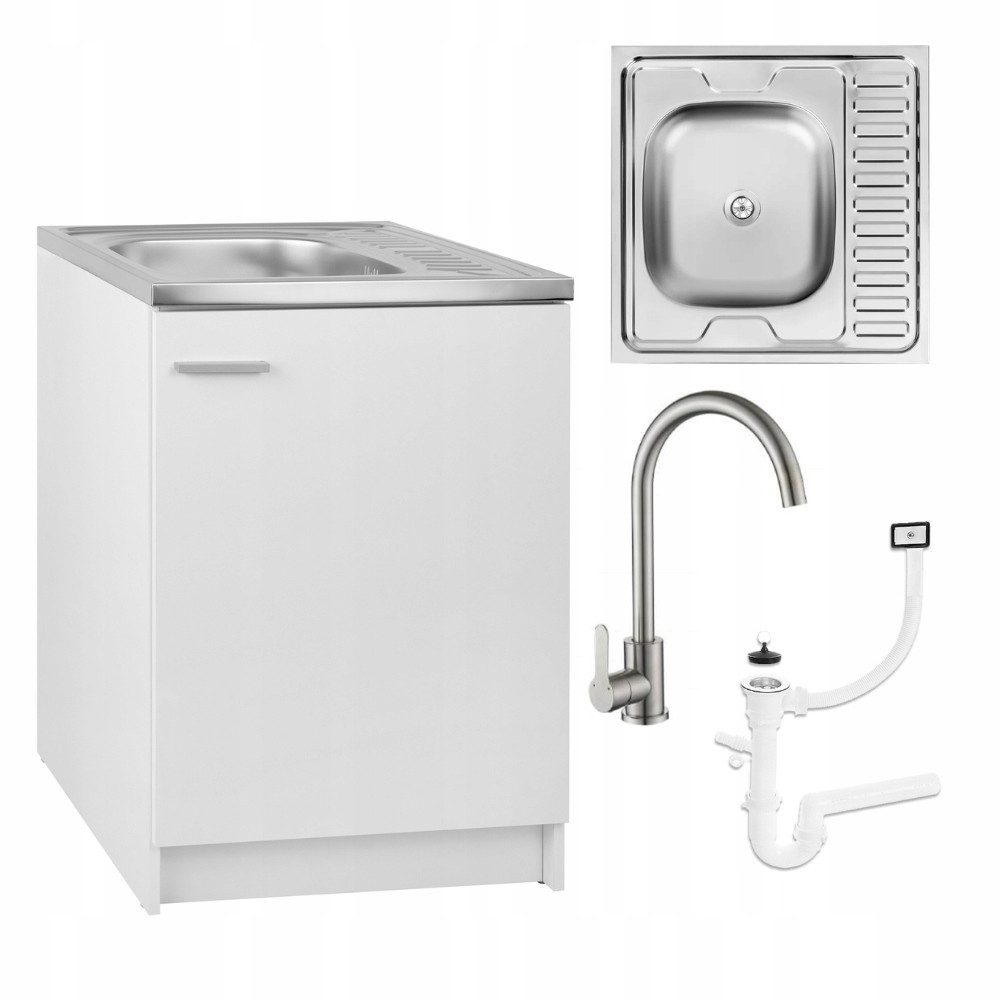 STAMAR Spülenschrank Spülenschrank Komplettset 60cm Weiß Spüle Edelstahl Hocharmatur Siphon Unterschrank stehend 1 Tür 60x60cm Bohrung Geschirrspüler 36,5cm Set