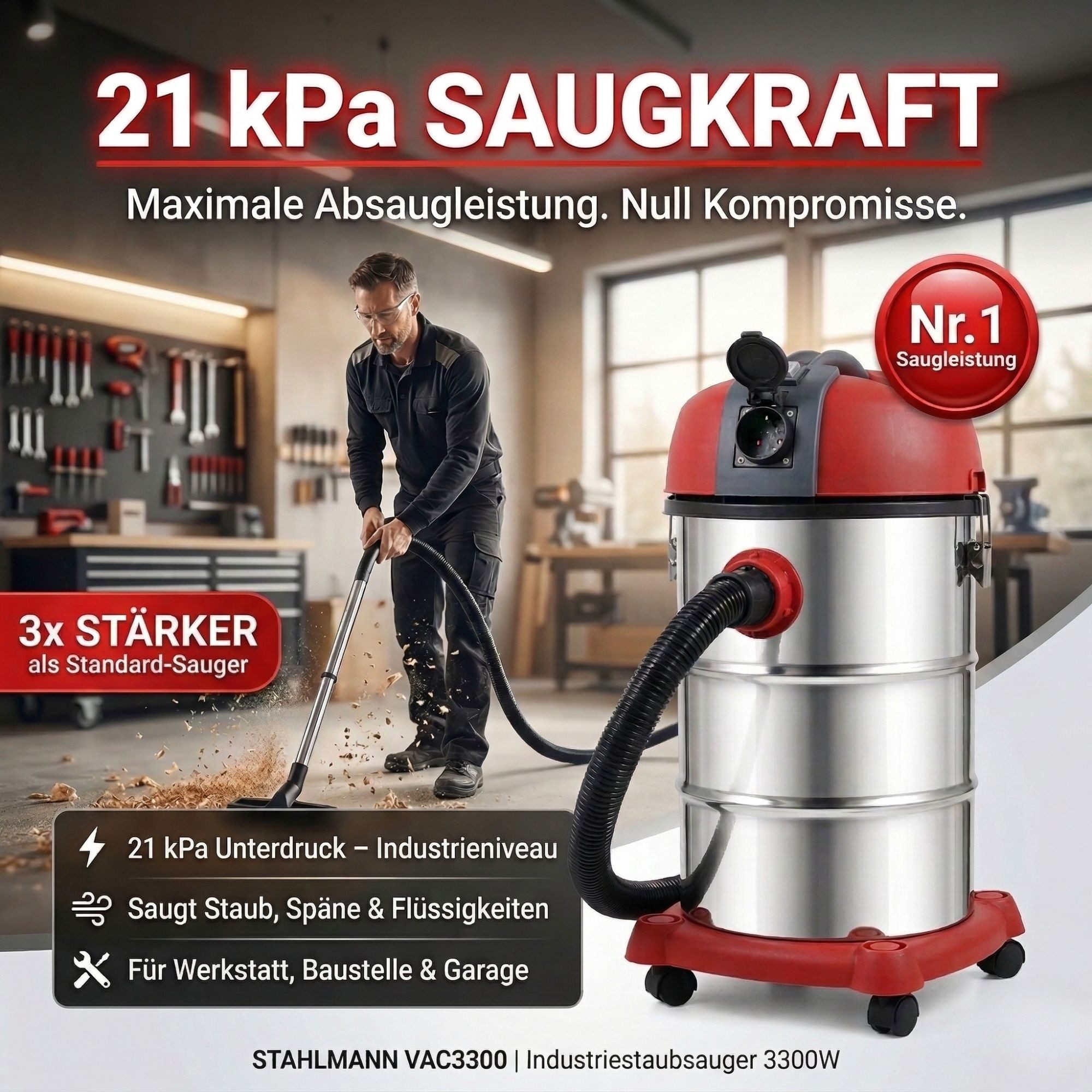 Stahlmann Industriesauger STAHLMANN VAC3300 Industriestaubsauger Nasssauger Trockensauger, 3300 W, integrierte Steckdose, leistungsstarke 3300W, Blasfunktion