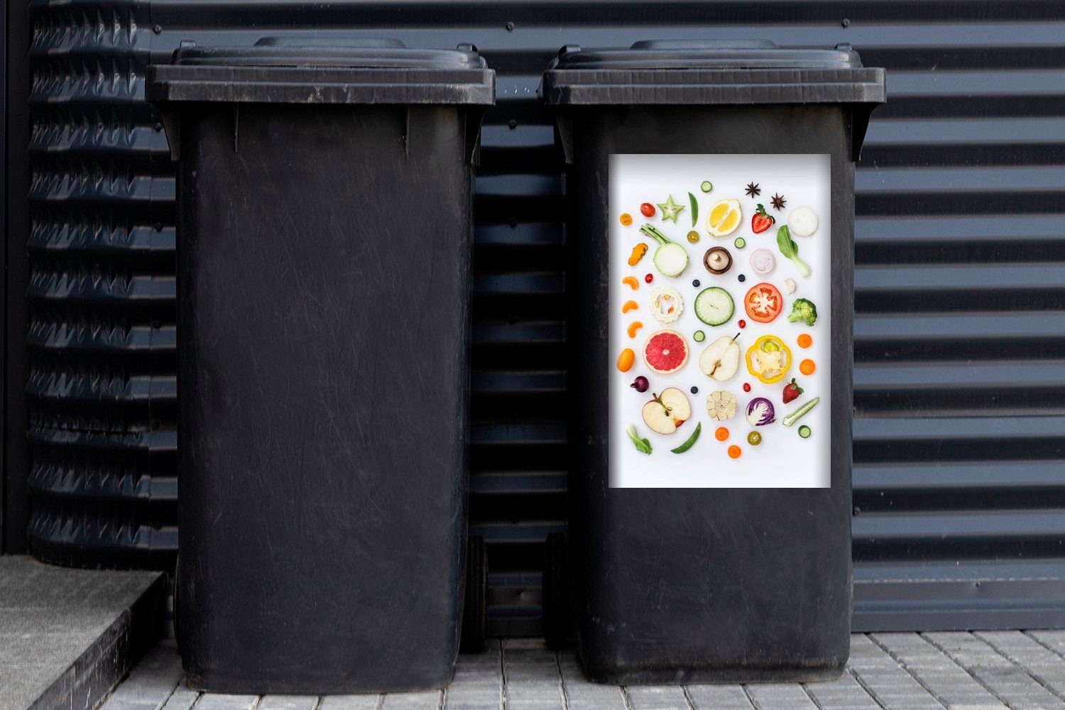 MuchoWow Wandsticker Obst (1 einem weißen Sticker, Container, Mülleimer-aufkleber, Abfalbehälter Hintergrund Mülltonne, und Gemüse St), auf