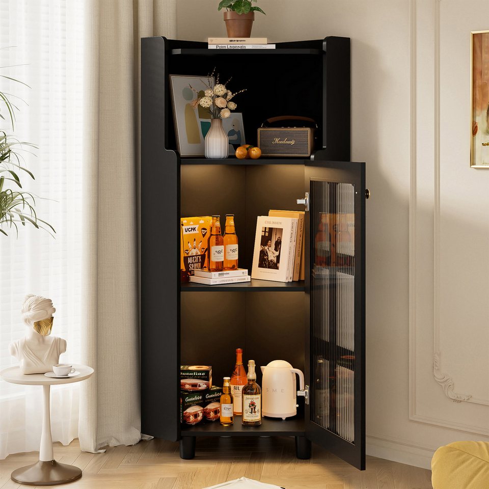 Odikalo Eckschrank Schließfächer Badkommode Regal mit LED & Stauraum (mit Lackoberfläche & LED-Beleuchtung–Moderner Eck-Kommode mit App-Steuerung für Wohnzimmer Bücherregal Badezimmer (63.5*124 cm Schwarz)