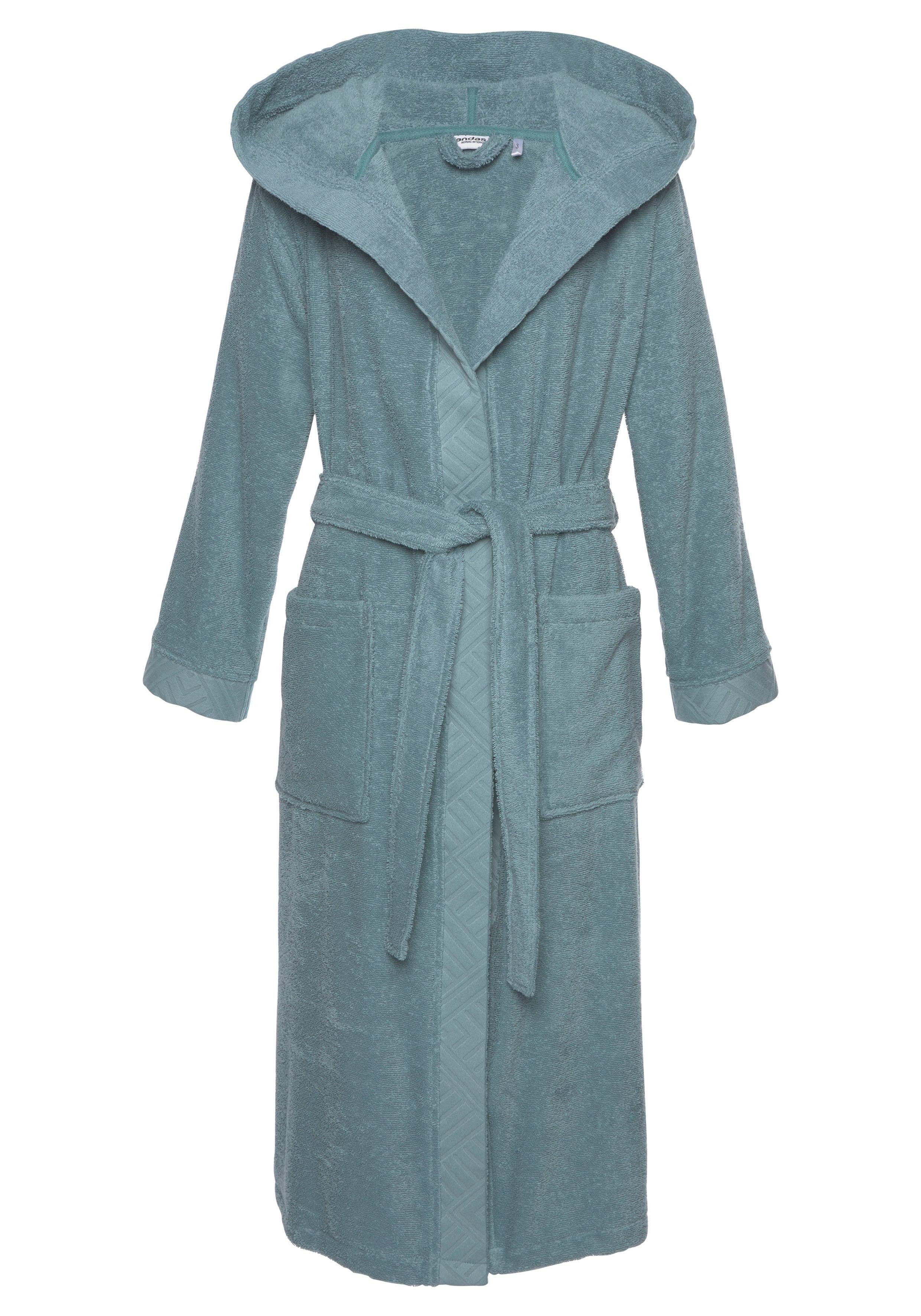 ANDAS Damenbademantel »Livia« Langform, Walkfrottee, Kapuze, Gürtel, gemusterter Bordüre, langer Bademantel Damen, 100% Baumwolle, XS-2XL mehr