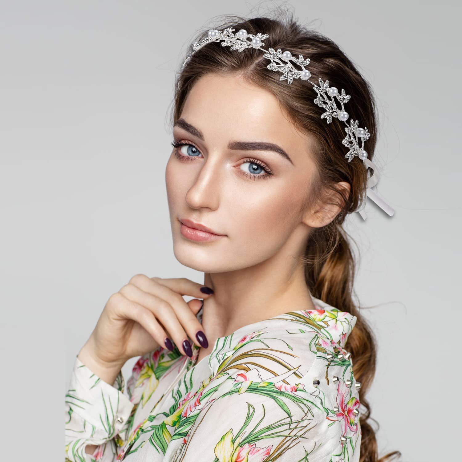MOPUEA Diadem Kristall Blume Stirnband Kopfschmuck Haarreif silber (Set, 1-tlg., Band oder Haarnadeln für stabilen, komfortablen Sitz), Für Hochzeiten, Partys oder als Geschenk für Mädchen & Frauen