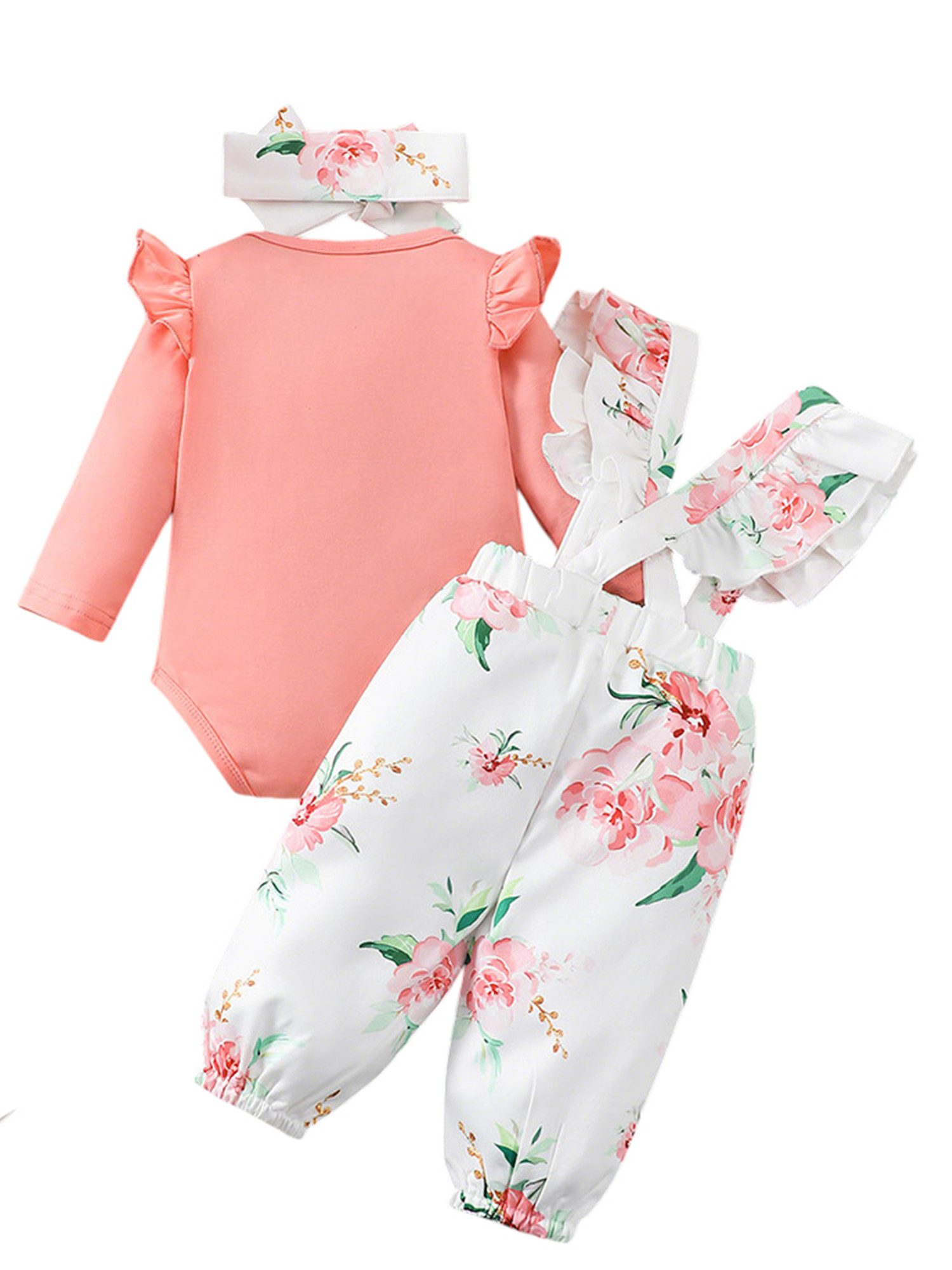 Gluckids Strampler Baby Mädchen Süßes Set Blumen Langarm Babykleidung Casual Anzug (3-tlg) Rüschen Overall + Hose+ Stirnband Set, Frühling Herbst Babykleidung