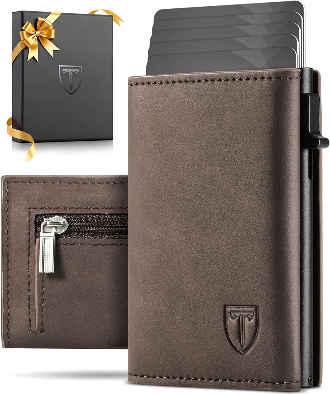 TEEHON Geldbörse Geldbeutel Herren, RFID Schutz Portmonee Herren Magnetverschluss (Pop-up Kartenetui mit 8 Kreditkartenetui), mit Banknotenfächer, Münzfach, Ausweisfenster Geldbeutel – Braun