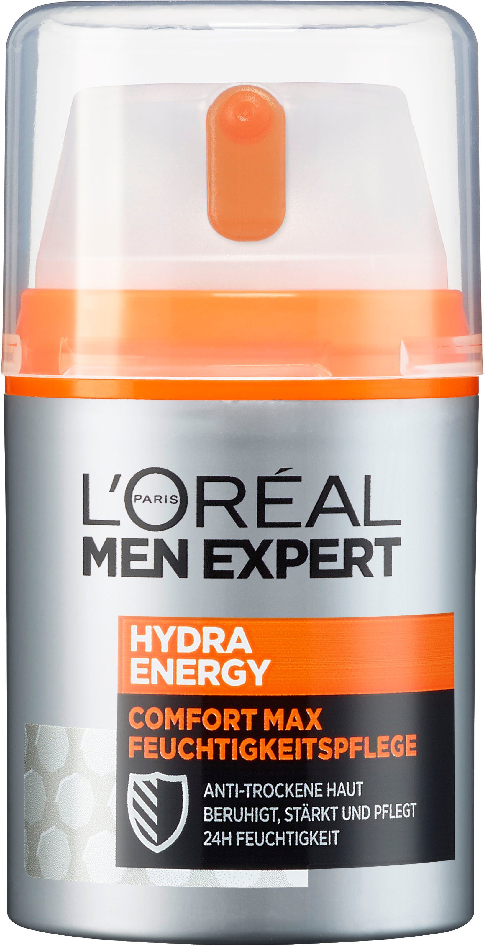 L'ORÉAL PARIS MEN EXPERT Feuchtigkeitscreme Hydra Energy Comfort Max, Feuchtigkeitspflege für sensible Haut, zieht schnell ein