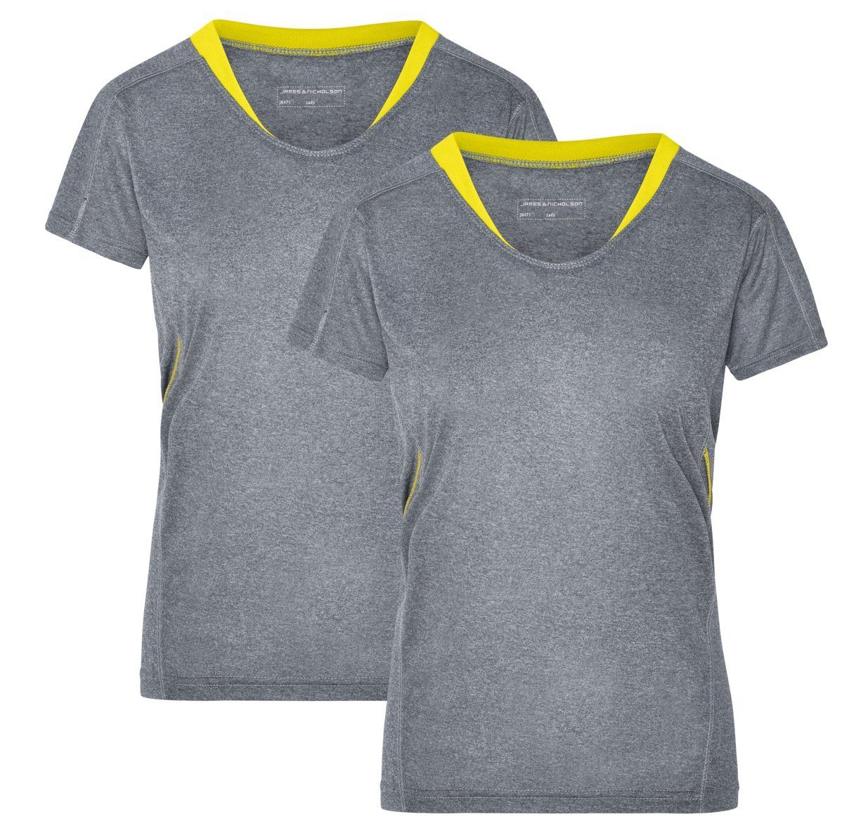 James & Nicholson Laufshirt Doppelpack Damen Kurzarm Laufshirt Running T-Shirt JN471 (Doppelpack, 2 Stück) Atmungsaktiv und Feuchtigkeitsregulierend grey-melange/lemon