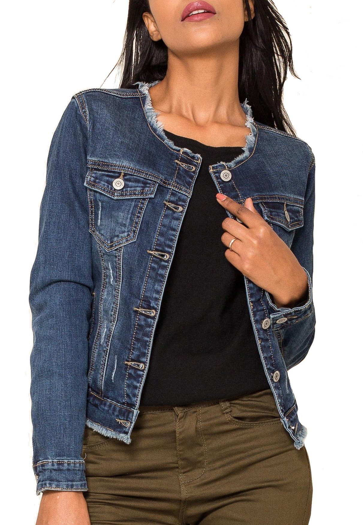 kragenlose jeansjacke damen