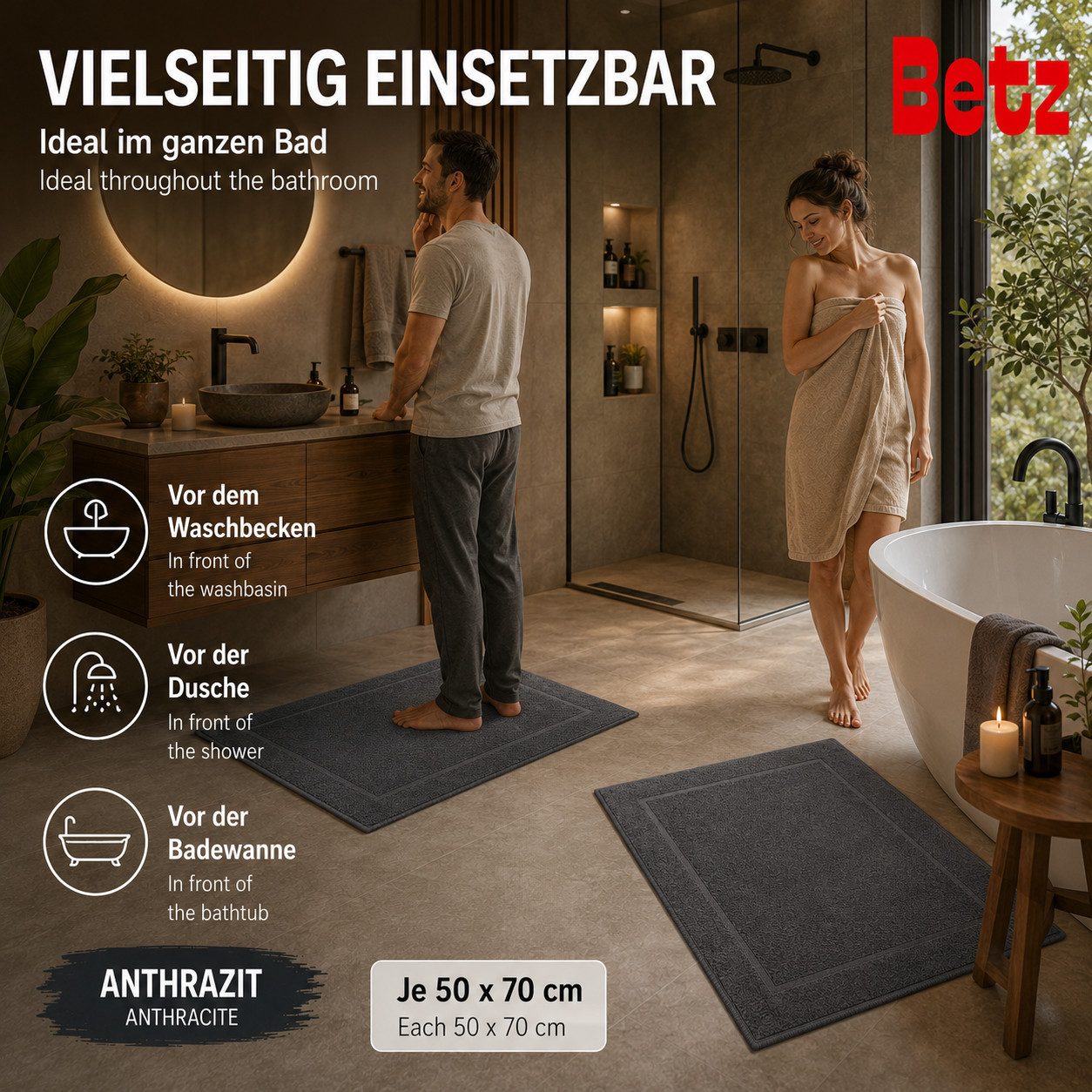 Betz Badematte 2 Stück Badvorleger Premium Badteppich Größe 50x70 cm, unbeschichtet, beidseitig nutzbar, beidseitig nutzbar, Baumwolle, Qualität 650g/m² – Bild 5 von 5