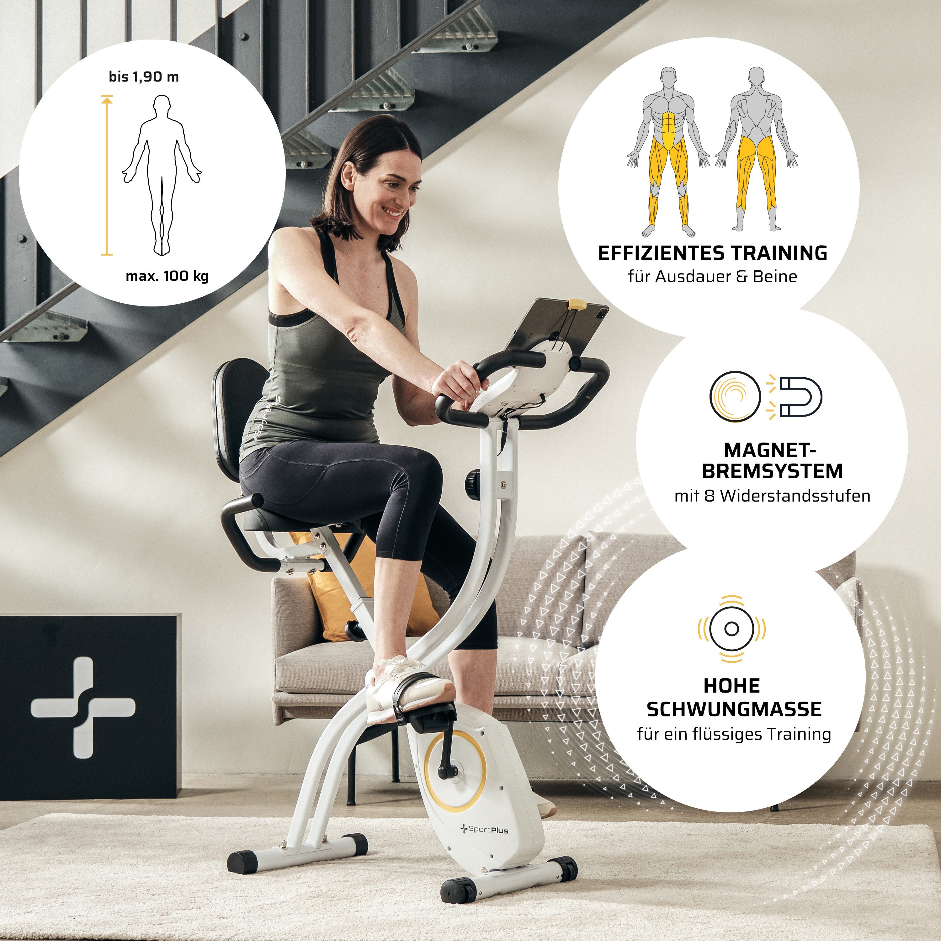 SportPlus Heimtrainer SP-HT-1300-W-iE, S-Bike, Heimtrainer, klappbar, Rückenlehne, 8 Widerstandsstufen